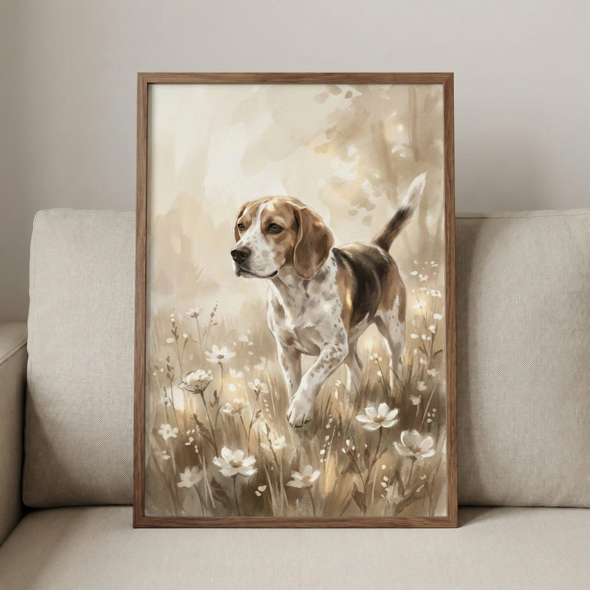A framed vertical illustration of a tricolor dog standing in a field of white wildflowers. The dog has its head turned to the left and its tail held upright. The artwork uses soft, watercolor-like strokes and a warm, sepia-toned color palette of cream, tan, and brown. The background is a hazy, sunlit meadow. The framed art piece is displayed leaning against a light-colored, modern sofa.
