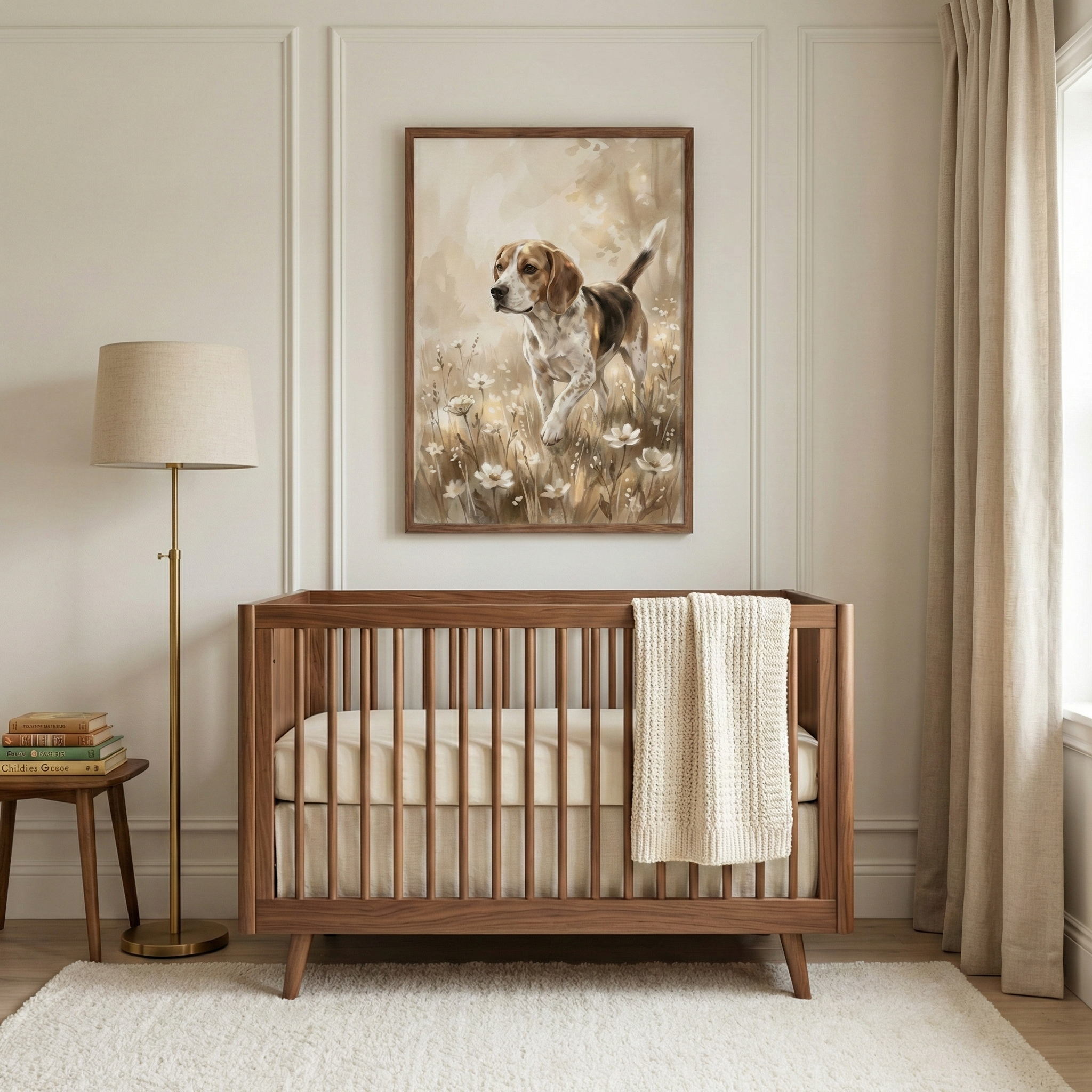 A serene nursery features a wooden crib with a mid-century modern design centered against a light-colored paneled wall. Above the crib, a large framed artwork depicts a tricolor hound dog walking through a field of soft white wildflowers. To the left, a brass floor lamp with a beige shade stands beside a small wooden side table holding a stack of books. A textured cream-colored blanket is draped over the edge of the crib.