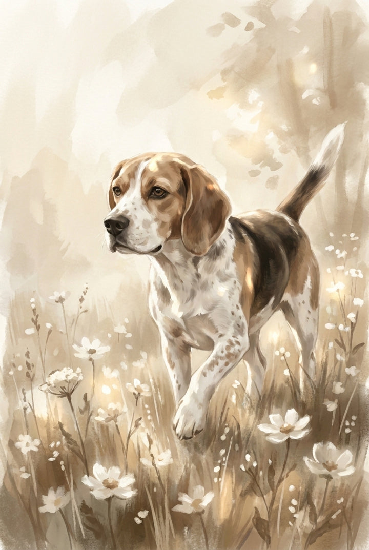Soft watercolor artwork of a beagle walking through a field of delicate white wildflowers, rendered in warm earth tones with a gentle countryside setting.
