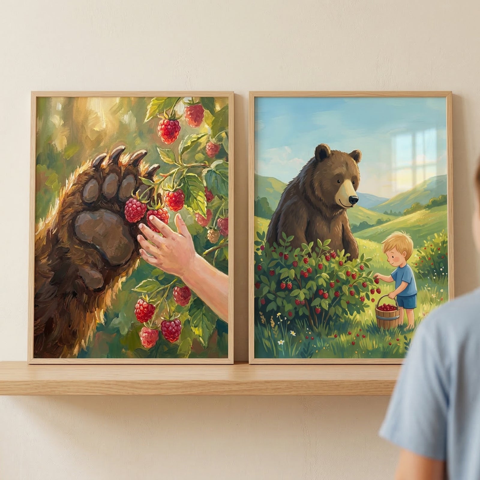 "Two framed illustrations are displayed side-by-side on a light-colored wooden shelf. The piece on the left is a close-up scene featuring a large, furry brown bear paw and a small child’s hand reaching toward a cluster of bright red raspberries on a leafy green bush. Soft sunlight filters through the foliage, creating a warm atmosphere. 
The piece on the right provides a wider view of the same pair. It depicts a large brown bear sitting in a lush, green meadow alongside a young boy with blond hair. 