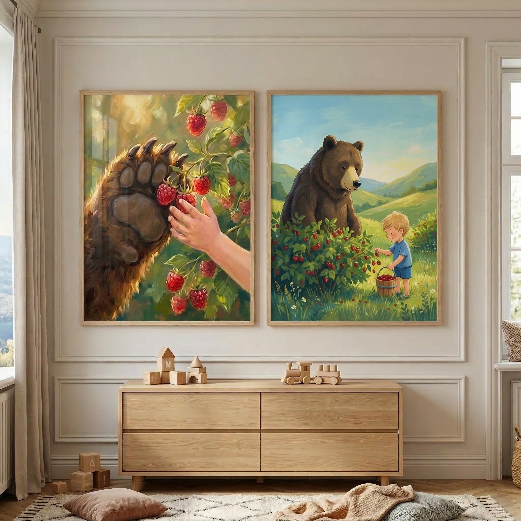 Bear And Boy Berry Picking Wall Art Set of 2 - Berry Picking Friends