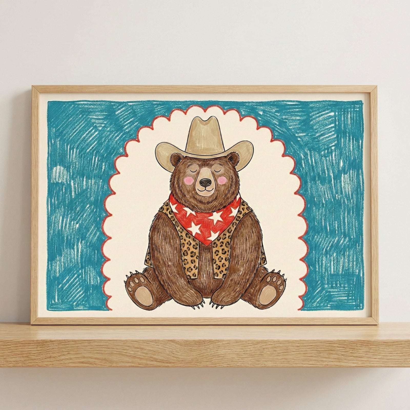 Framed wall art featuring a cute illustrated bear wearing a cowboy hat, red star-patterned bandana, and leopard-print vest, sitting against a teal and cream crayon-like background. This playful and stylish bear artwork adds a fun, rustic touch to children’s wall art decor.