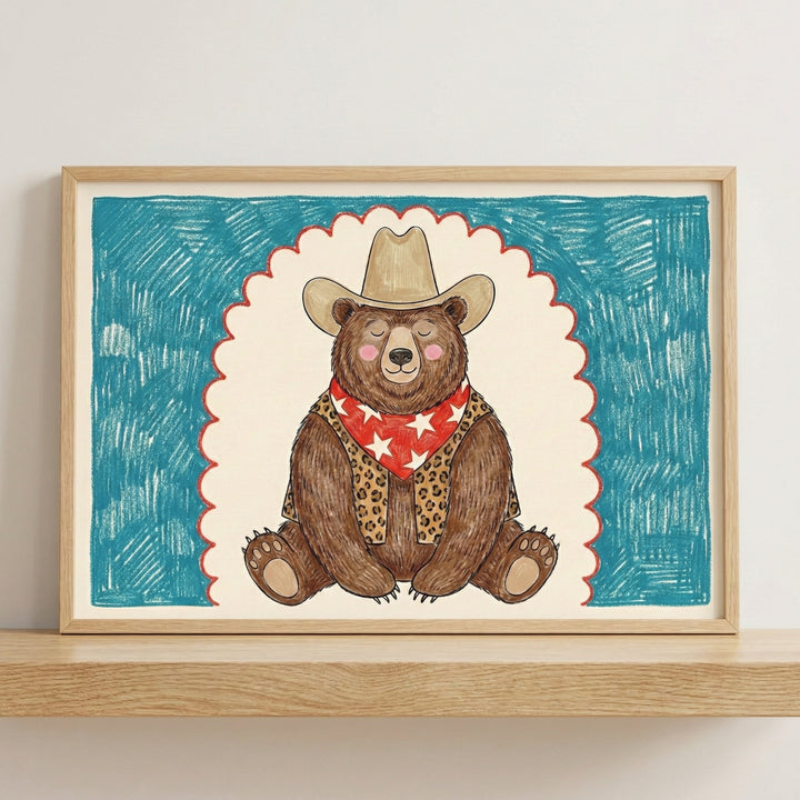 Framed wall art featuring a cute illustrated bear wearing a cowboy hat, red star-patterned bandana, and leopard-print vest, sitting against a teal and cream crayon-like background. This playful and stylish bear artwork adds a fun, rustic touch to children’s wall art decor.