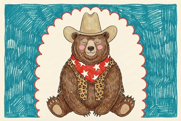 Illustration of a brown bear with a calm expression, dressed in a western outfit including a beige cowboy hat and red bandana with white stars, set against a bold crayon-style backdrop. This cheerful animal portrait makes a standout piece of wall art for playful, rustic-themed interiors.