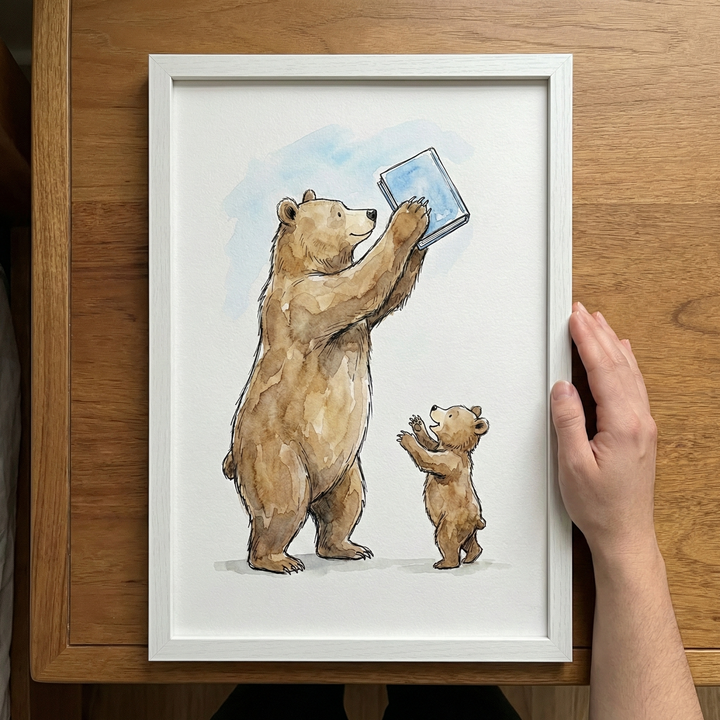 A white-framed watercolor illustration rests on a light wood surface, held by a hand. The artwork depicts a large brown bear and a small cub standing on their hind legs against a minimalist white background with a soft splash of blue. The larger bear holds a light blue book high above its head. The cub stands below, reaching its paws upward toward its parent and the book with an eager expression. The piece features soft color washes and delicate ink outlines.