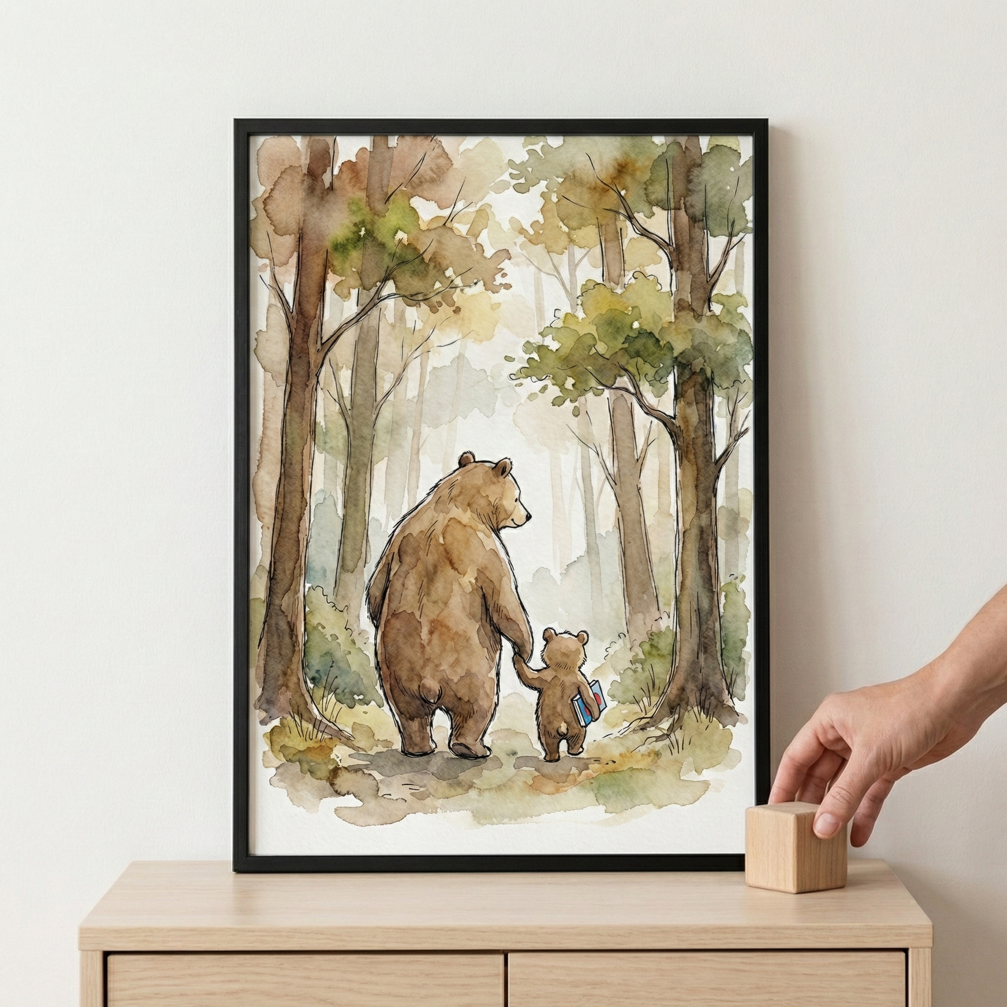 Forest Bear Family Watercolor Wall Art - Woodland Story Walk