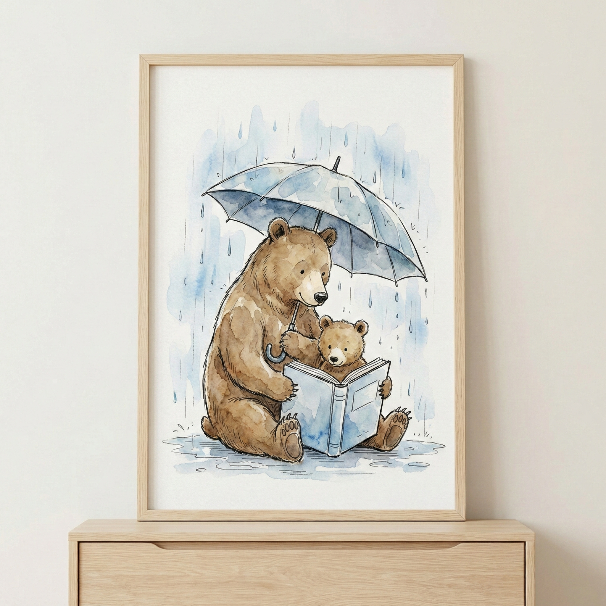 A watercolor illustration framed in light wood depicts a large brown bear and a small cub sitting together in the rain. The large bear holds a blue umbrella over them, while the cub holds an open blue book as they both look down at it. Soft blue raindrops fall around them, creating a small puddle on the ground. The artwork is presented on a wooden dresser against a plain, light-colored wall.