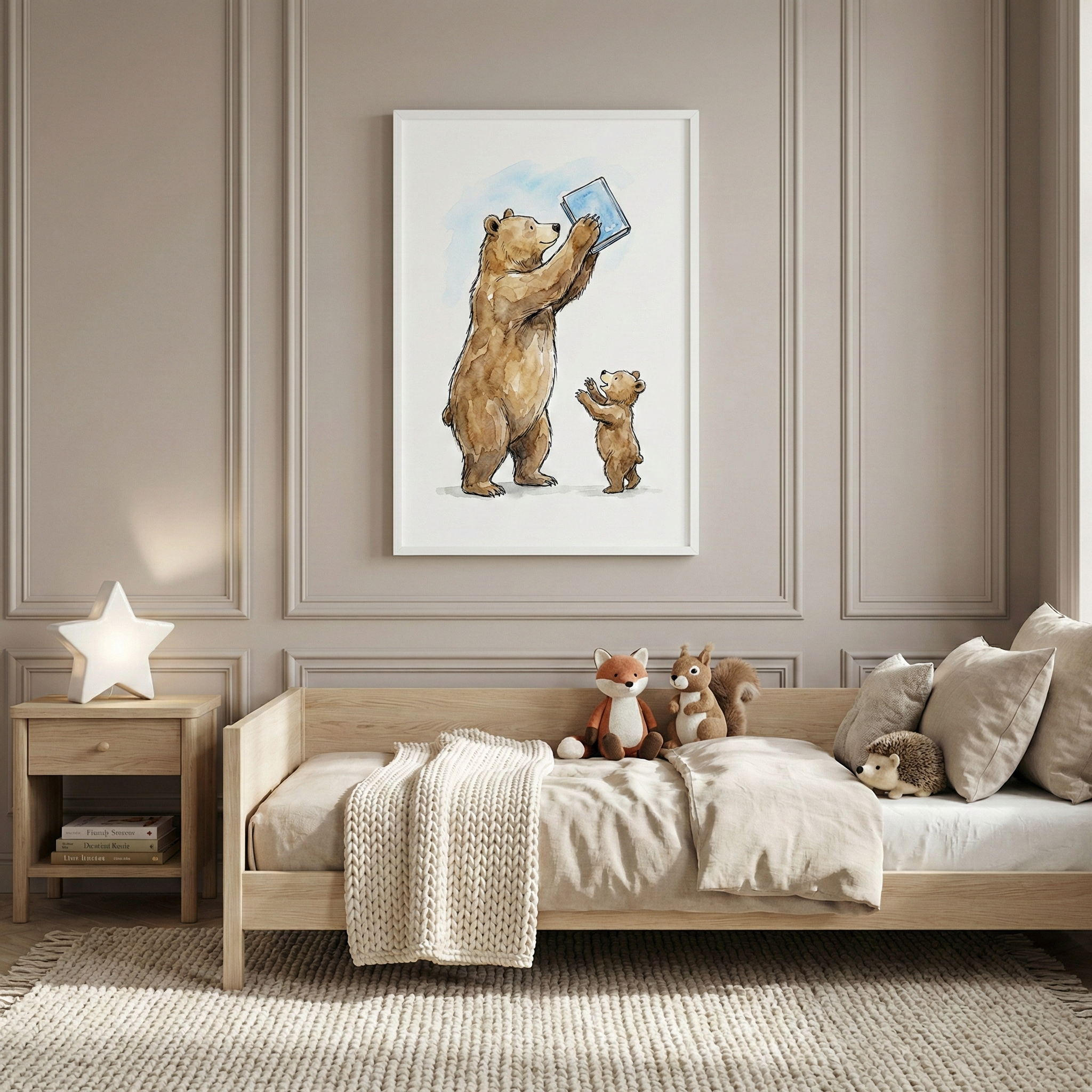 A nursery or child's bedroom decorated in soft, neutral tones. Centered on a paneled wall is a framed watercolor-style illustration of a large brown bear holding a blue book aloft, with a smaller bear cub standing beside it. Below the artwork is a light wood daybed with beige and ivory bedding, featuring a thick knit throw blanket. Several stuffed animals, including a fox, a squirrel, and a hedgehog, are arranged on the bed. To the left, a star-shaped lamp glows on a matching wooden nightstand.