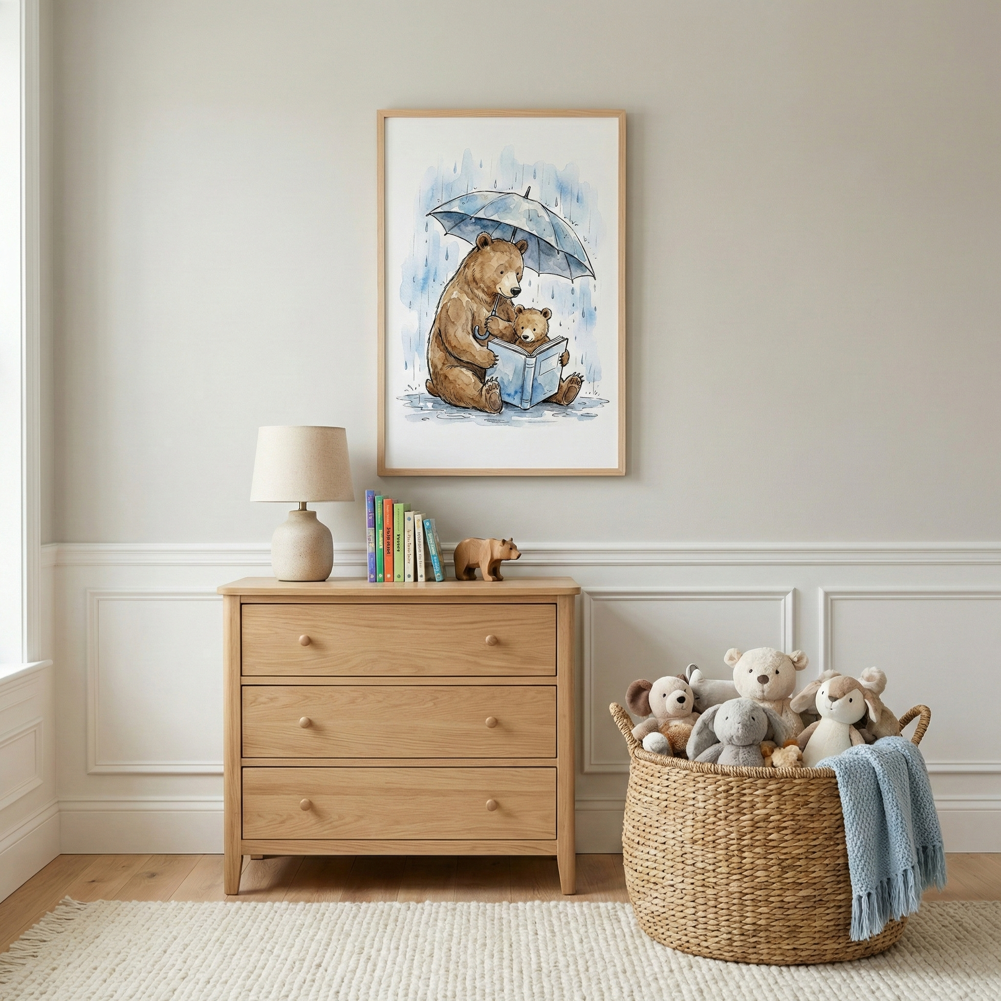 A large vertical illustration in a black frame hangs on a sage green paneled wall. The watercolor artwork depicts a large brown bear and a small cub sitting on a rock in water, both reading books. Below is a light-colored wooden cabinet with a cream knit blanket. On a textured rug, a plush bear sits near wooden stackers and a toy car. A floor lamp with a neutral shade stands to the right, completing the cozy nursery scene.