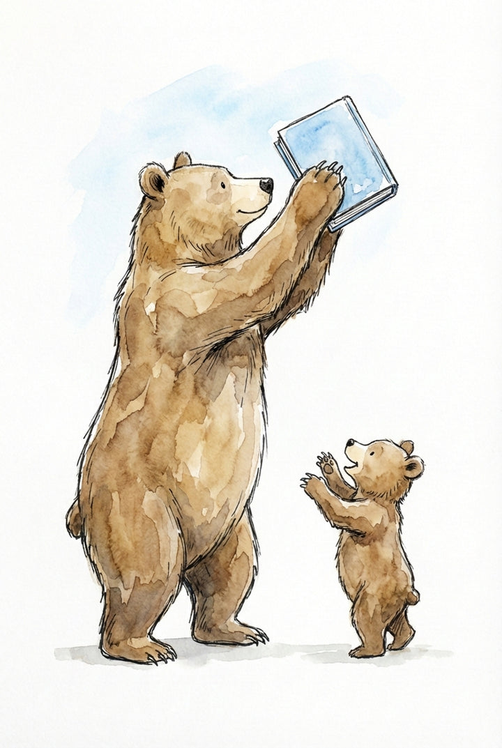 A tall bear holds a blue book high above its head, handing it down to an eager cub reaching up with both paws. Both bears are smiling in a plain white setting.