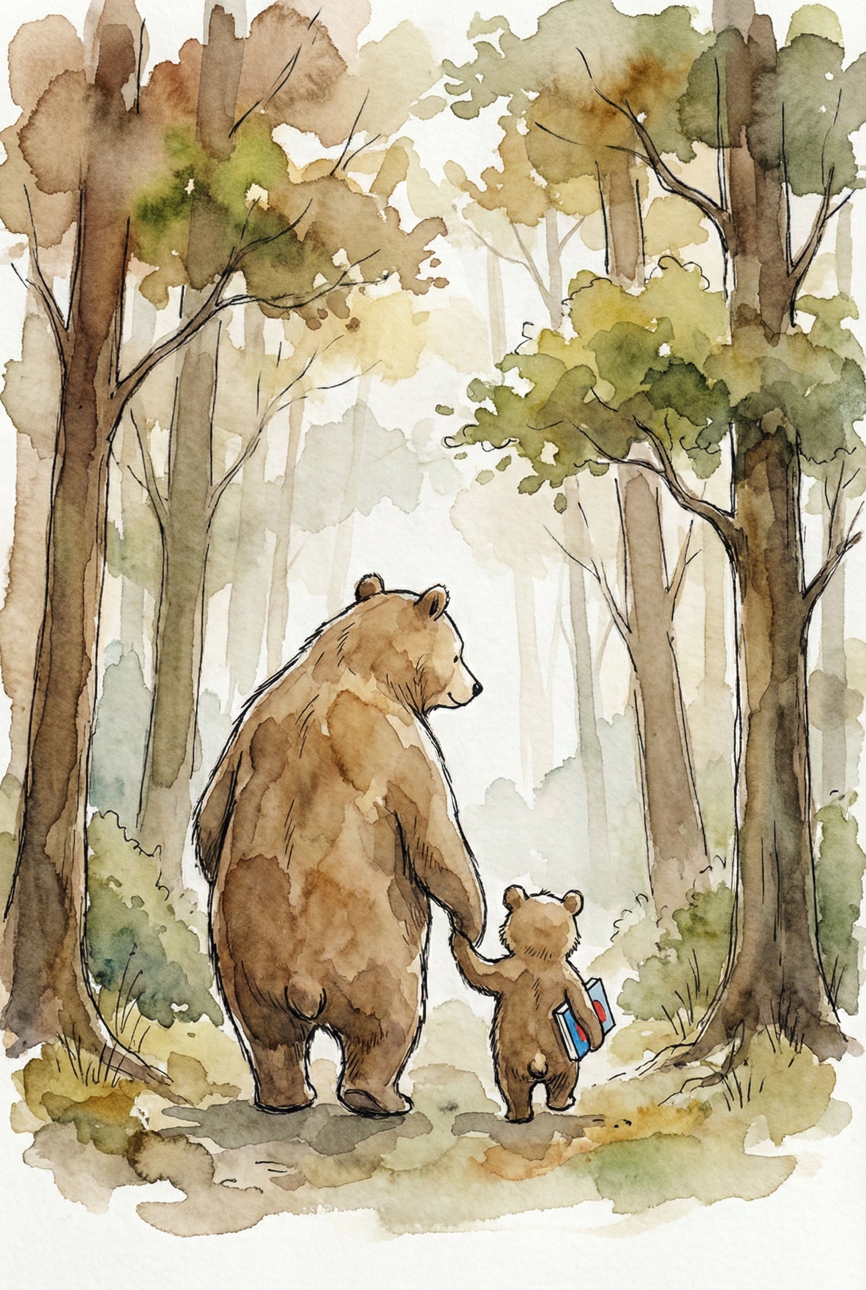 Forest Bear Family Watercolor Wall Art - Woodland Story Walk