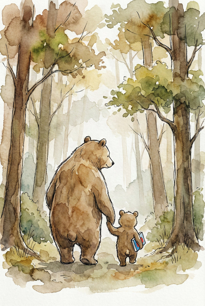 Two brown bears, a parent and child, walk hand in hand down a forest path surrounded by tall trees. The smaller bear carries two books under one arm.