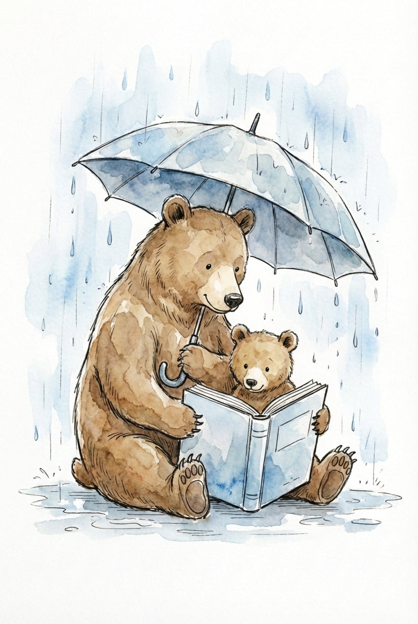 A parent bear and cub sit close together under a large blue umbrella, reading a book while rain falls around them. The scene feels cozy and warm despite the weather.