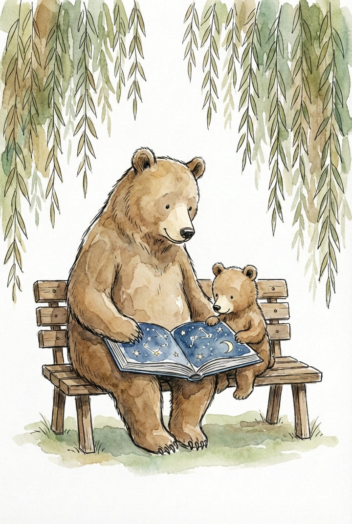 A large bear and a cub sit on a wooden bench under drooping willow branches, reading an astronomy book open to constellations and a crescent moon.