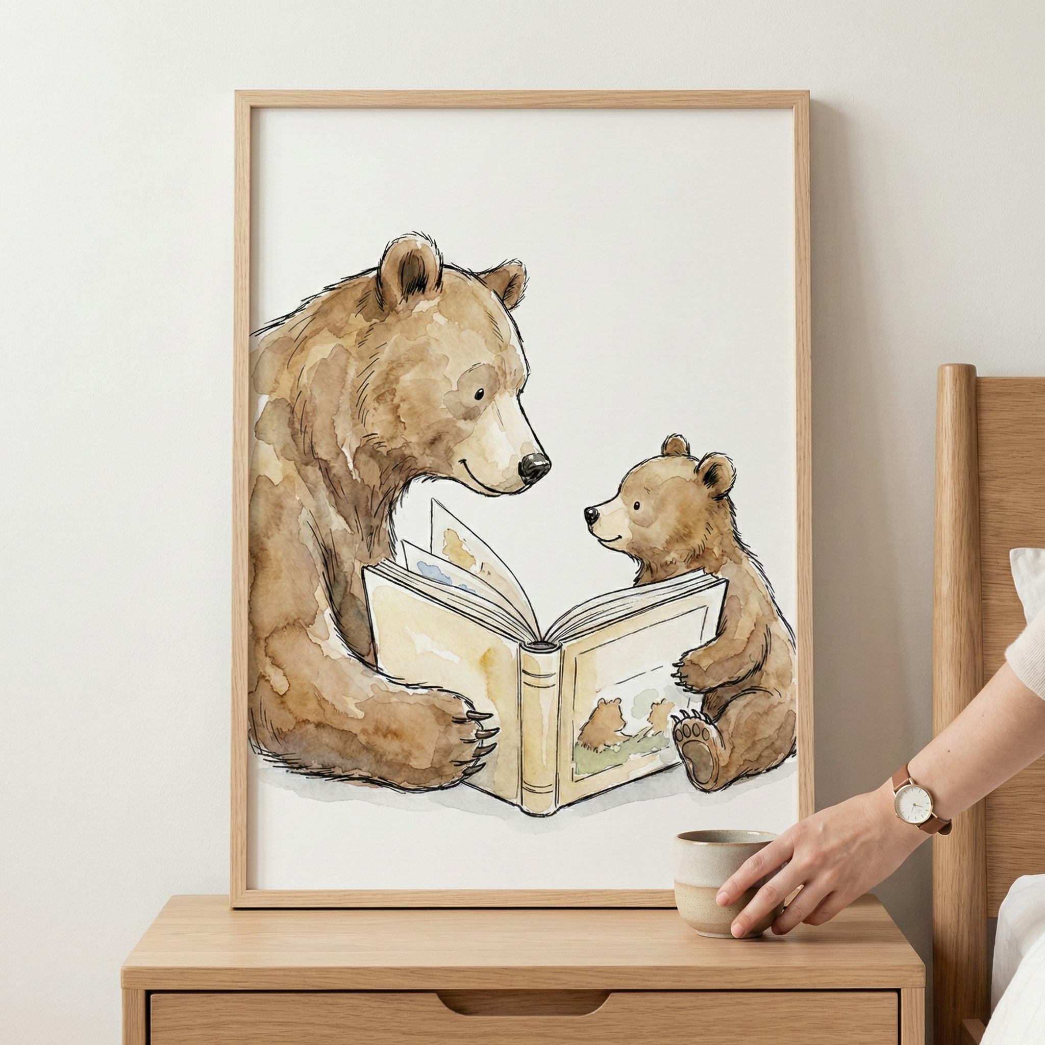 A framed watercolor-style illustration sits on a wooden bedside table. The artwork depicts a large brown bear and a small cub reading an open book together against a plain white background. In the foreground, a person's hand wearing a brown leather strap watch reaches for a small ceramic mug placed on the table next to the frame. The setting is a bedroom with a neutral-toned wooden bed frame visible to the right.