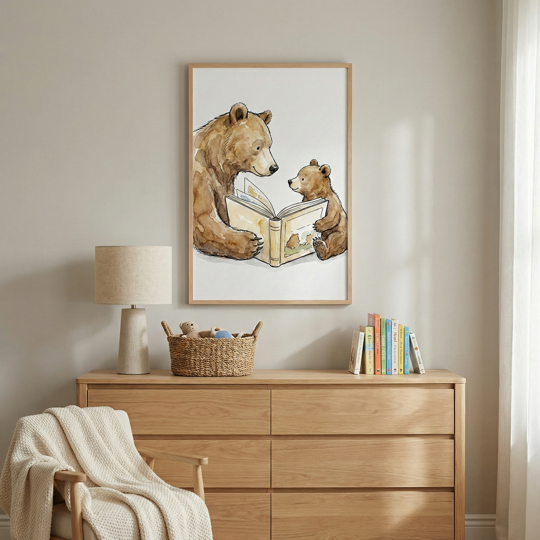A serene nursery interior features a large framed illustration on a neutral-colored wall. The artwork, created in a soft watercolor style, depicts a large brown bear and a small cub sitting together while looking at an open book. Below the art sits a light-toned wooden dresser with six drawers. 