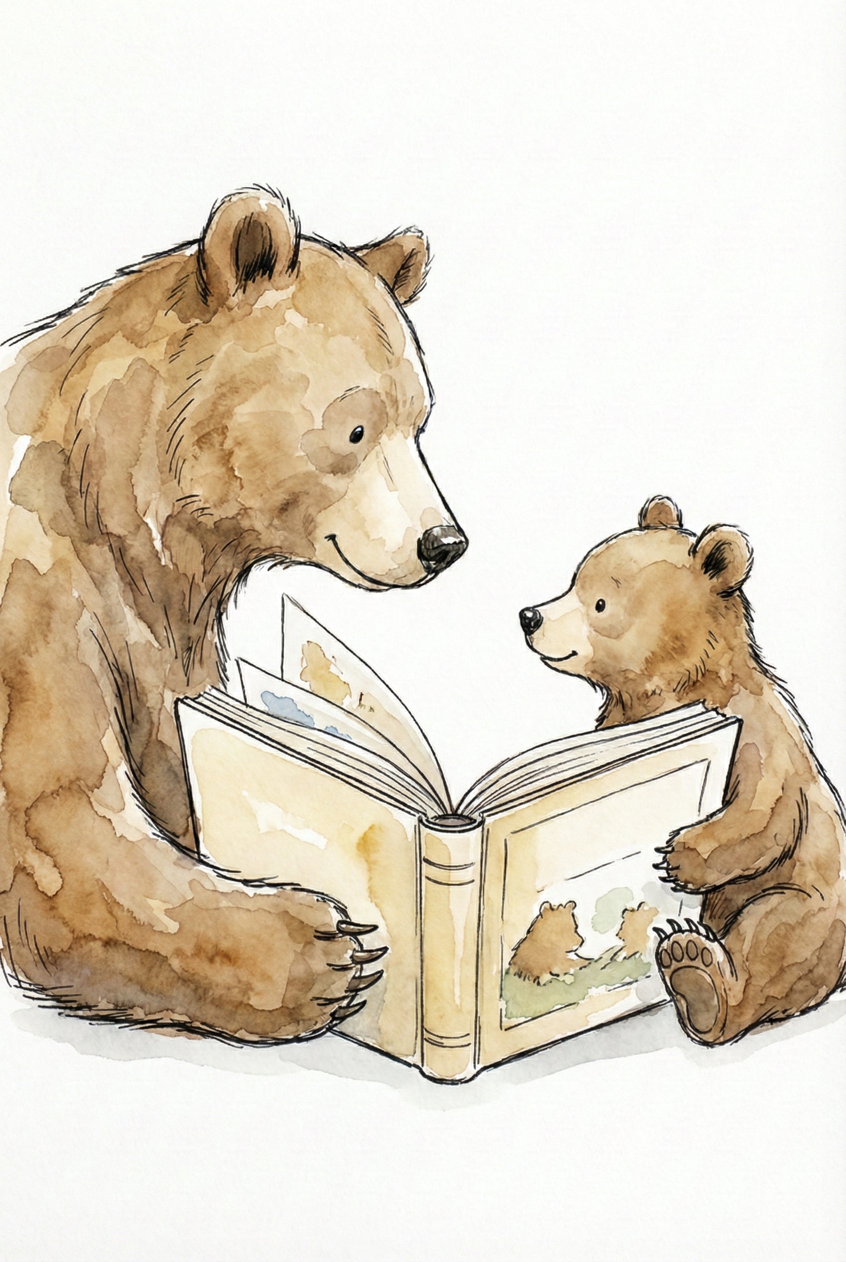 A close-up view of a bear and its cub reading a storybook together. The page shows an illustration of two bears sitting in the grass, mirroring the scene.