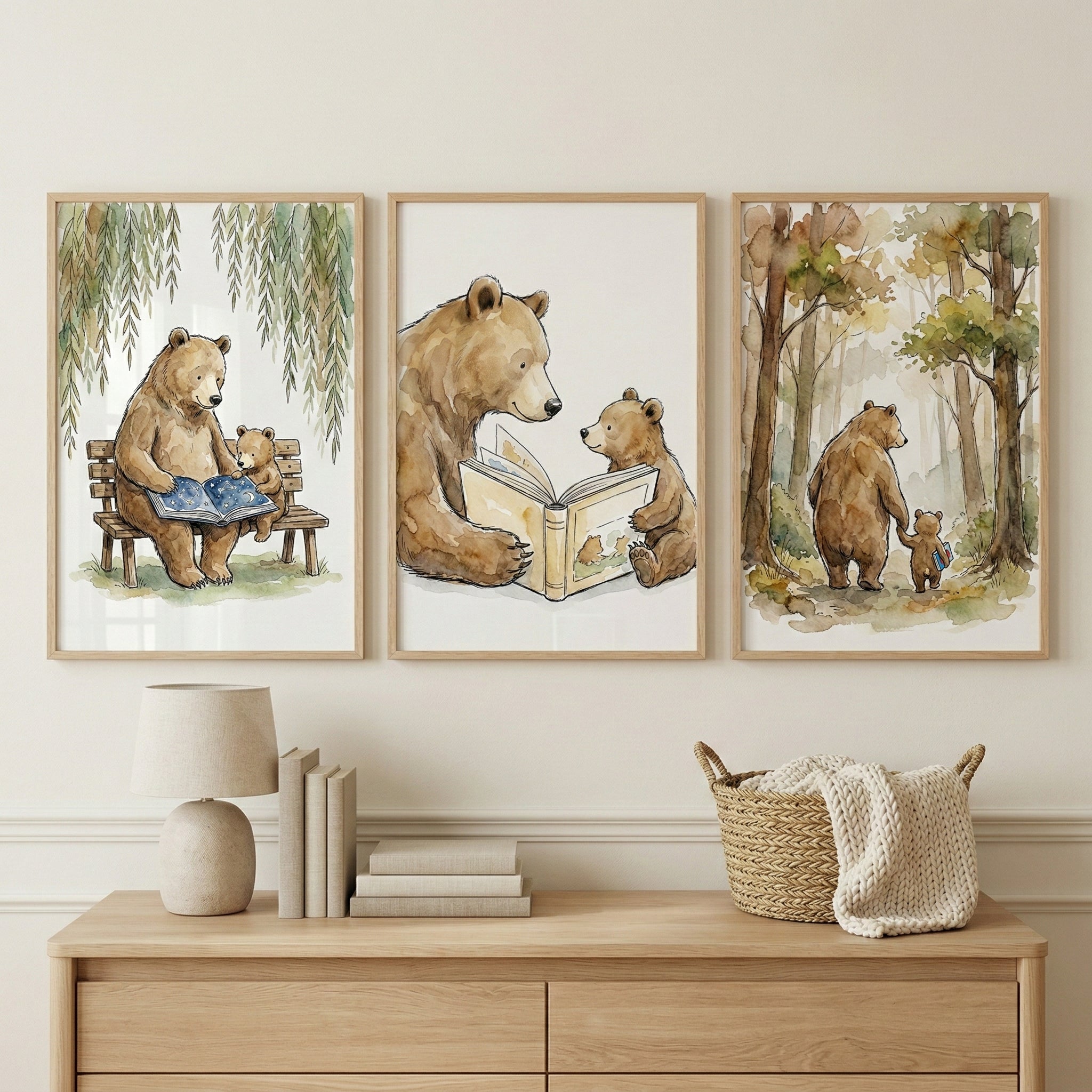 Brown Bear Cub Reading Nursery Wall Decor Set of 3 - Bear Cub Tales