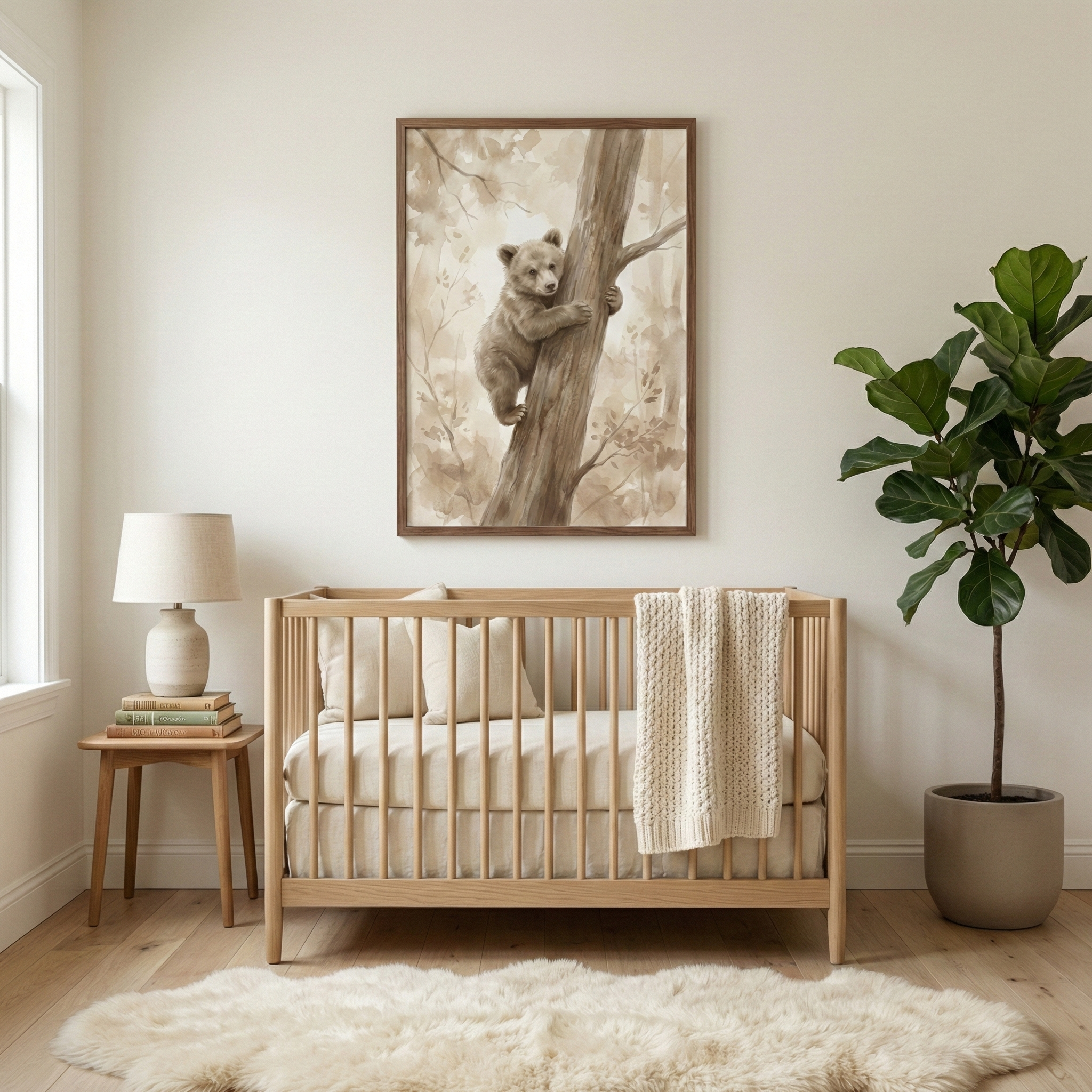 A neutral-toned nursery features a light wood crib centered against an off-white wall. Above the crib hangs a dark wood frame containing an illustration of a small bear cub climbing a tree in sepia-toned watercolor style. A textured knit blanket is draped over the crib's side. To the left is a wooden side table with a cream lamp and a stack of books. To the right is a large potted leafy green plant. A soft, white sheepskin rug lies on the light wood floor in the foreground.