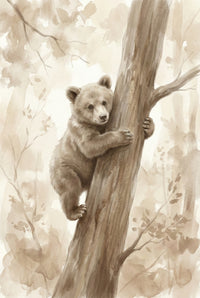 Soft watercolor painting of a bear cub climbing a tree in a misty forest, rendered in warm beige and sepia tones with a gentle woodland nursery aesthetic.
