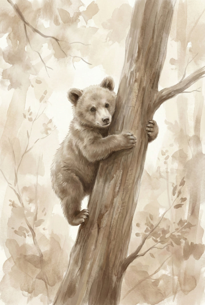 Soft watercolor painting of a bear cub climbing a tree in a misty forest, rendered in warm beige and sepia tones with a gentle woodland nursery aesthetic.
