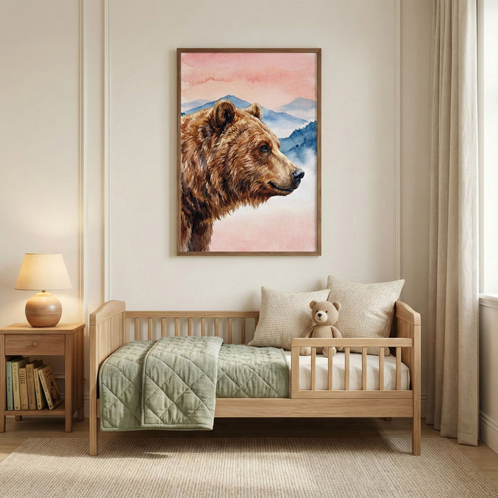 A framed artwork featuring a side profile of a brown bear is mounted on a light beige wall. The bear is rendered in a watercolor style with rich brown fur, set against a backdrop of soft pink and blue mountains. Below the art is a light-toned wooden toddler bed covered with a sage green quilted blanket. A small, light-brown stuffed bear sits between two neutral-toned pillows. To the left is a wooden nightstand with a lamp and books. Light-colored curtains hang by the window.