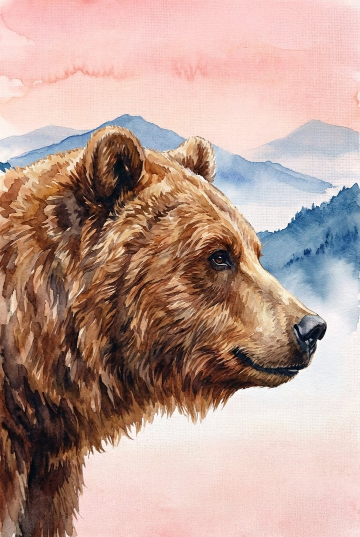Watercolor close up of a brown bear’s head in profile facing right. The detailed fur texture and dark eye stand out against soft blue mountains and a pale pink sky. The composition emphasizes the bear’s calm but watchful expression.
