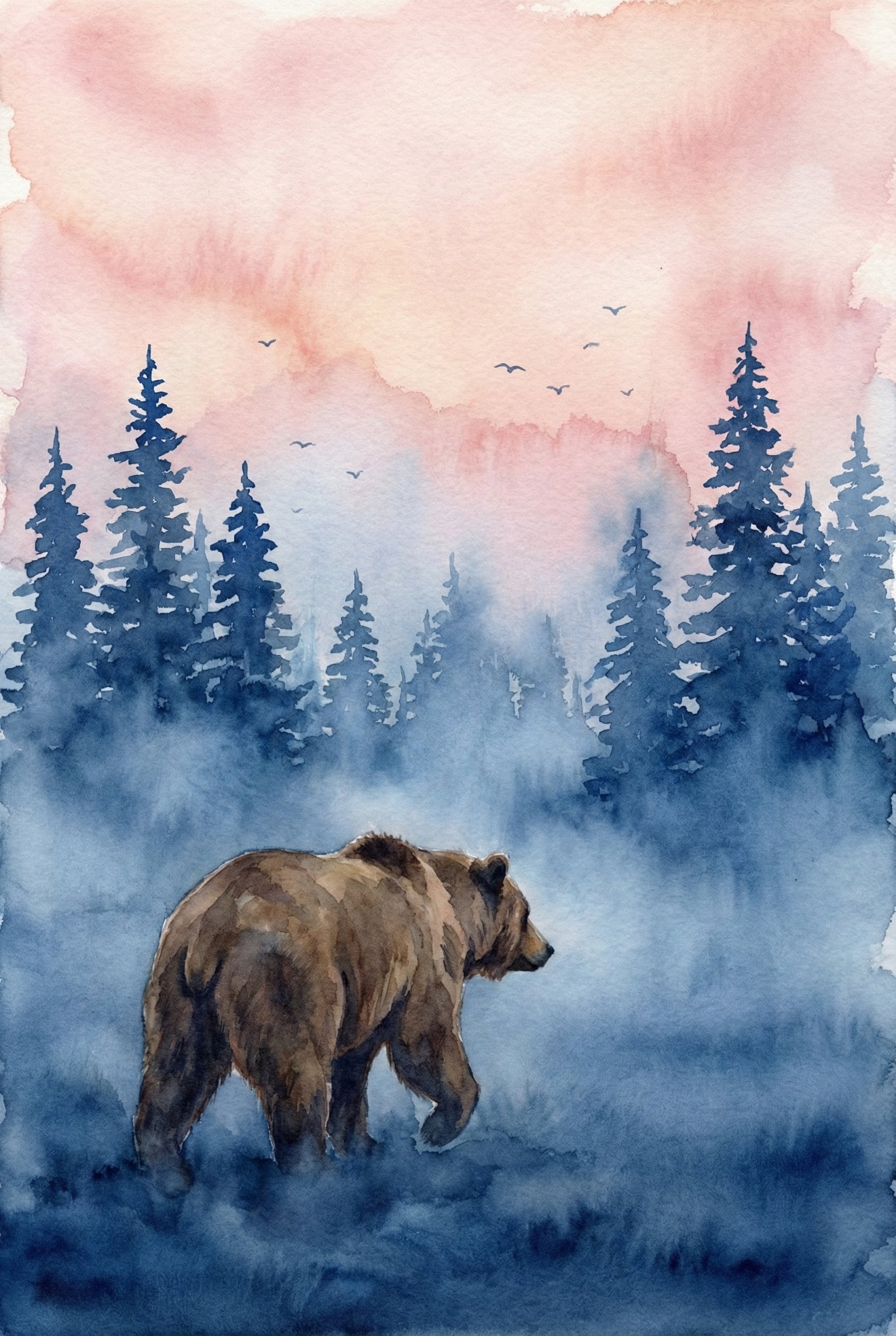A watercolor-style artwork depicts a large brown bear walking through a misty evergreen forest. The bear is shown from behind, heading into a thick fog that blankets the ground in deep blue tones. Silhouettes of pine trees rise from the mist, fading into the background. Above the forest, a soft sky is filled with washes of peach and pink, suggesting a calm sunset. Several small bird silhouettes fly across the upper portion of the serene and atmospheric wilderness scene.