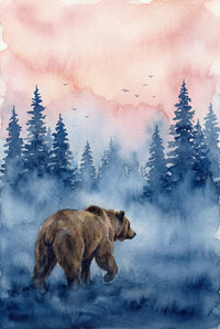 A watercolor-style artwork depicts a large brown bear walking through a misty evergreen forest. The bear is shown from behind, heading into a thick fog that blankets the ground in deep blue tones. Silhouettes of pine trees rise from the mist, fading into the background. Above the forest, a soft sky is filled with washes of peach and pink, suggesting a calm sunset. Several small bird silhouettes fly across the upper portion of the serene and atmospheric wilderness scene.