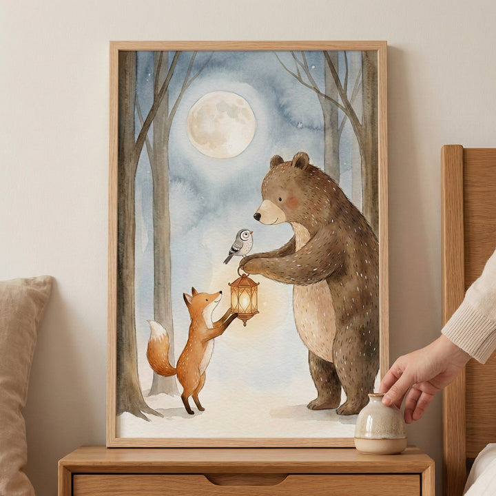 Whimsical watercolor illustration of a fox handing a glowing lantern to a bear in a snowy forest under a full moon, with a small owl perched on the bear’s paw. The gentle nighttime setting evokes warmth and friendship.