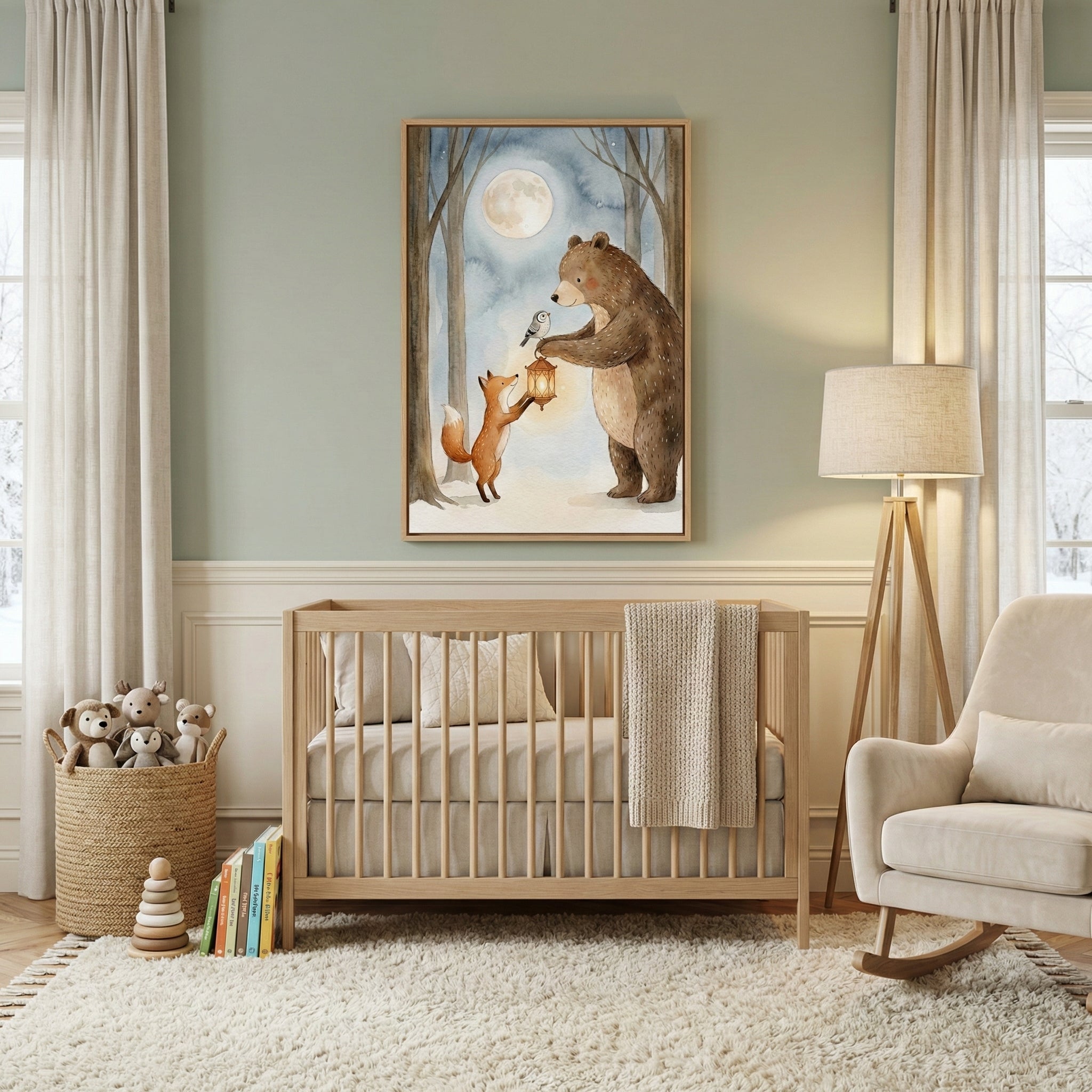 Framed nursery art of a bear, fox, and owl with a lantern displayed above a wooden crib in a softly lit, neutral-toned baby room. The cozy forest scene adds a calming and magical ambiance.