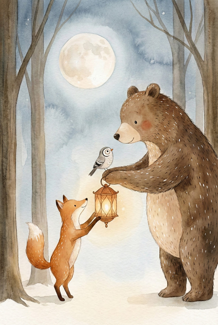 A whimsical illustration of a bear, fox, and small bird gathered in a snowy forest under a full moon. The fox and bear are gently holding a glowing lantern together while the bird perches on the bear’s paw, creating a warm, magical woodland scene.