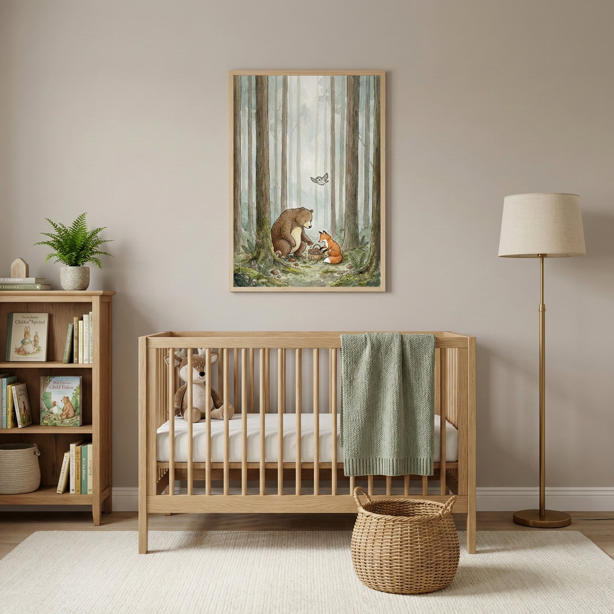 Woodland creature print of a bear and fox collecting mushrooms in a misty forest, styled above a crib with soft green and neutral decor. The scene adds a peaceful, nature-loving touch to the nursery.