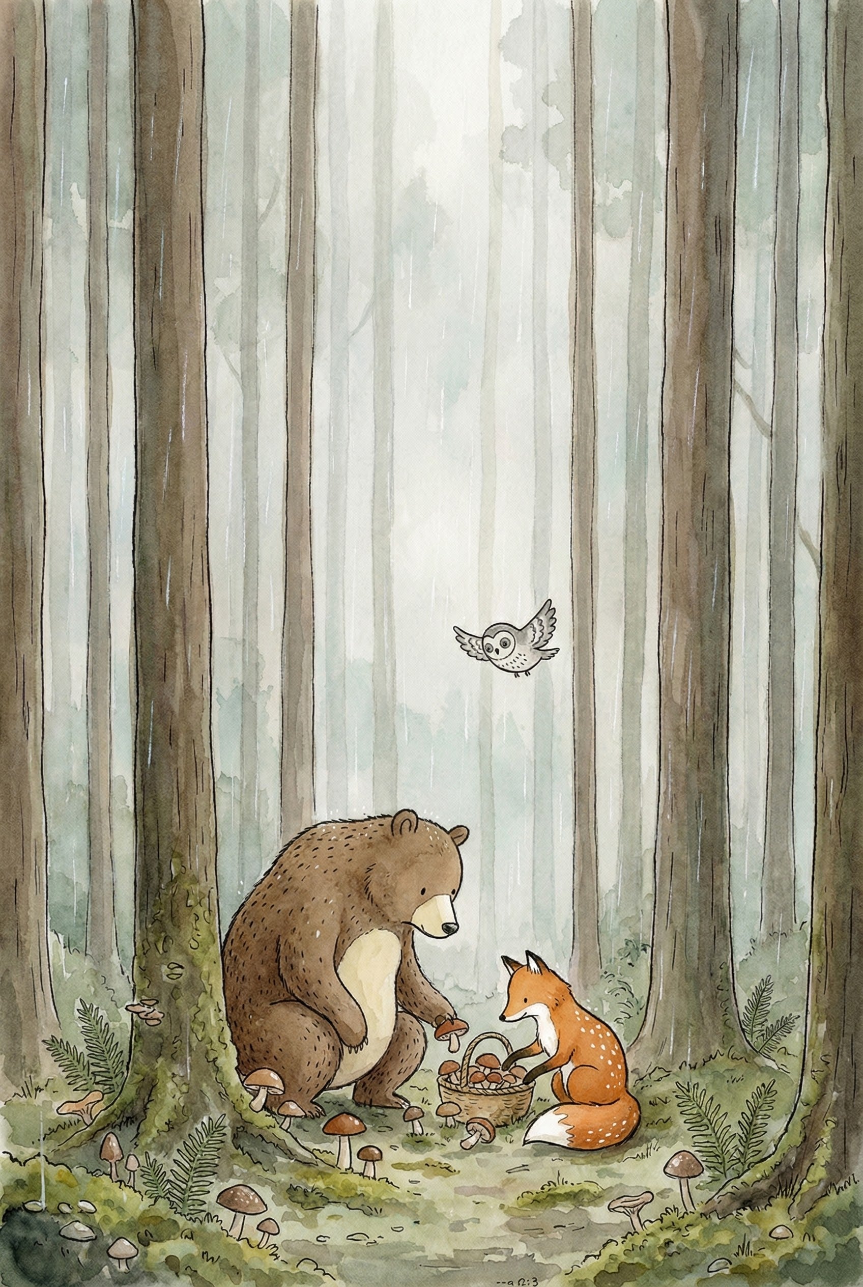 In a misty forest filled with tall trees and mushrooms, a bear and fox gather fungi into a woven basket, while a small owl flies above them. The soft, earthy tones and peaceful setting create a calm woodland scene focused on friendship and nature.