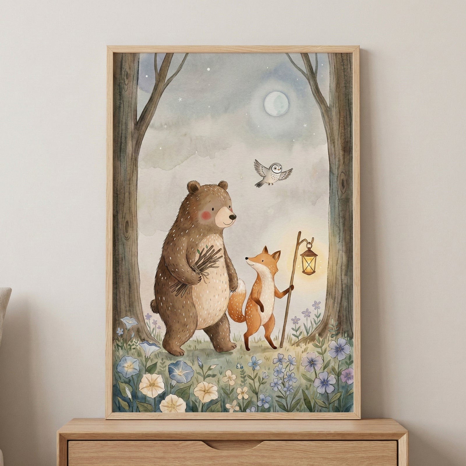 Illustration of a smiling bear holding twigs while a fox holds a lantern in a moonlit meadow filled with pastel flowers. An owl flies overhead, adding to the peaceful and enchanted forest scene.