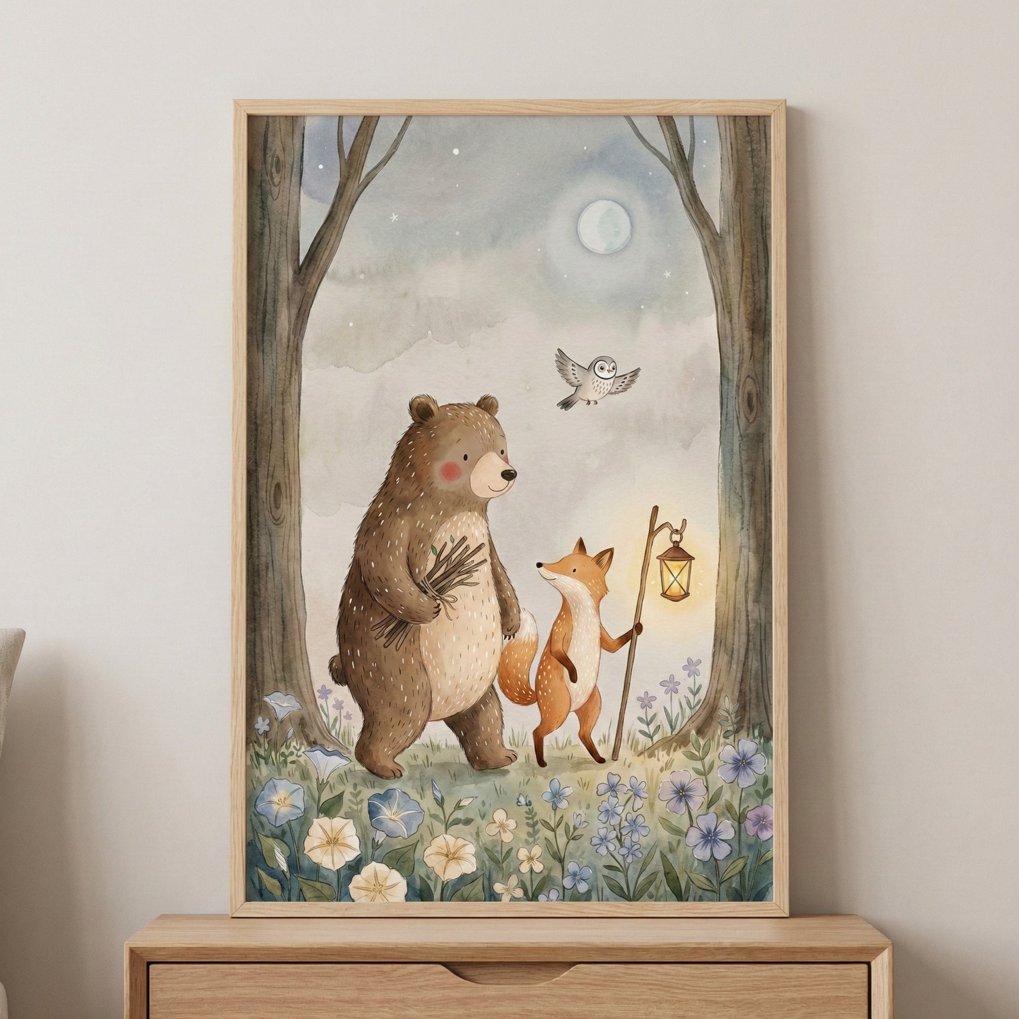 Cozy Lantern Glow - Woodland Framed Wall Art for Nursery, Playroom or Kids Bedrooms