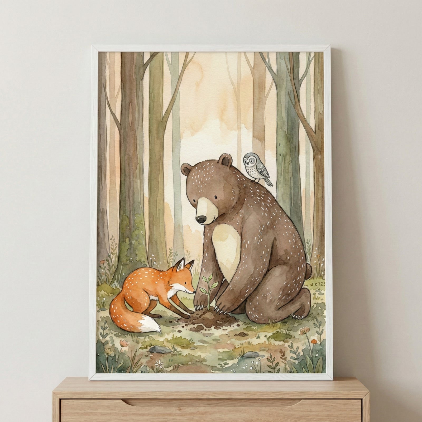 Charming forest scene of a bear and a fox planting a sapling together while an owl watches from the bear’s shoulder. The warm light and tall trees surrounding them add a sense of care and growth.