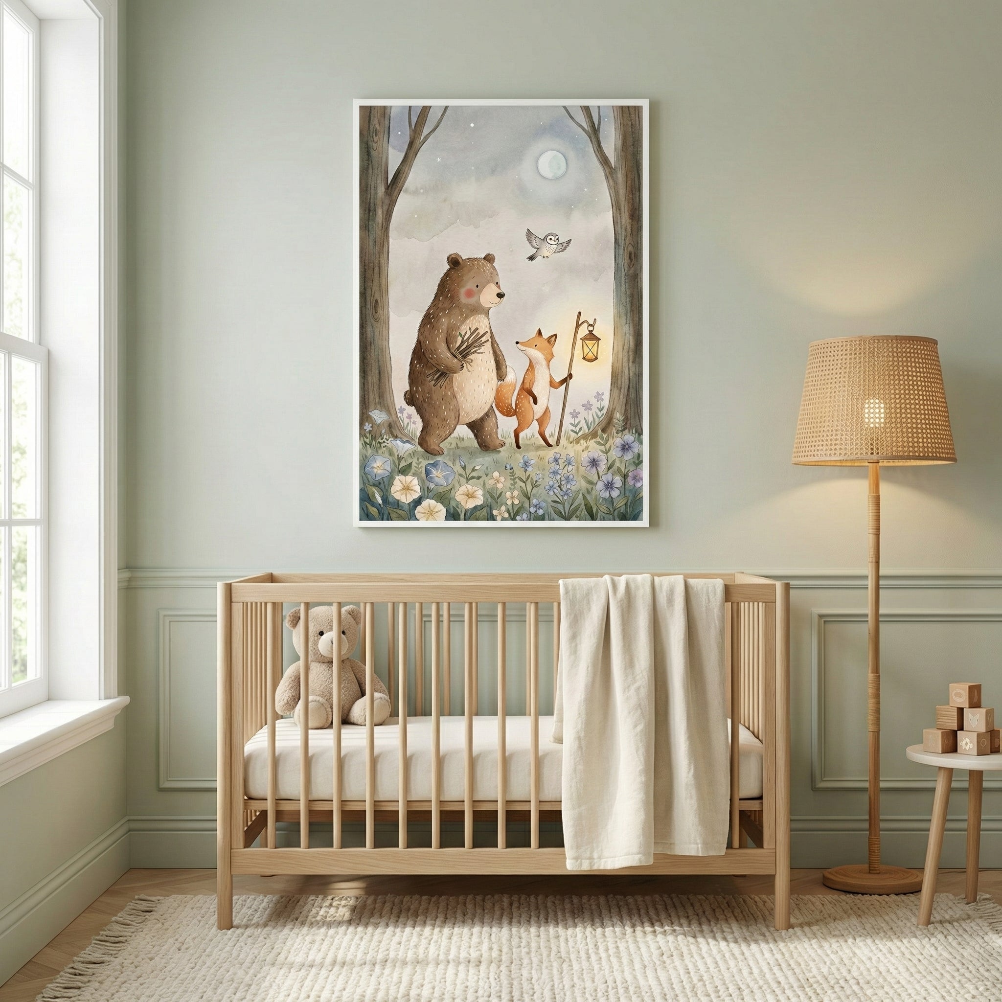 Pastel woodland animal print featuring a bear and fox walking through flowers with a lantern, hung above a crib in a softly styled nursery with neutral and green tones.