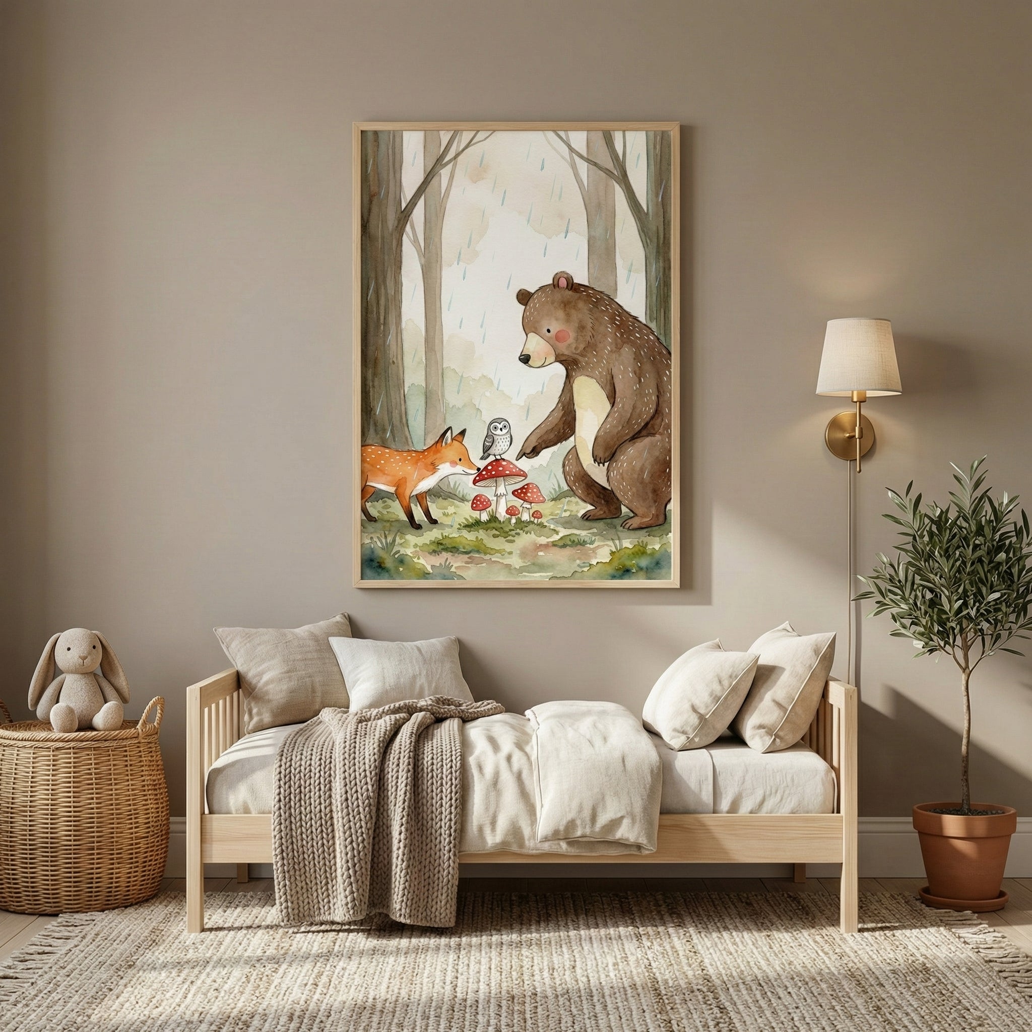 Framed print of a bear, fox, and owl discovering mushrooms in the rain, displayed in a child's room with warm earth tones. The artwork adds a whimsical, storybook charm to the decor.