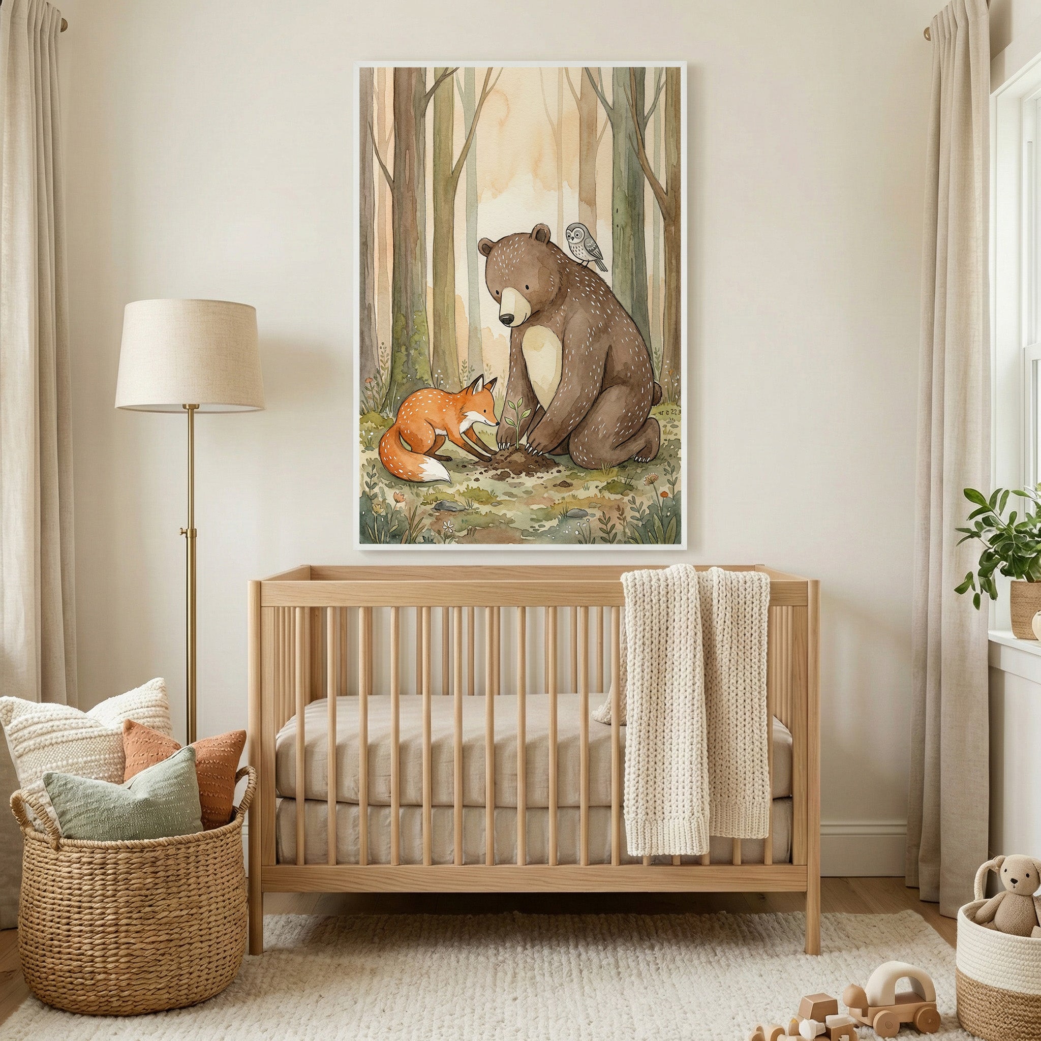 Framed woodland animal planting print displayed above a crib in a softly styled nursery. The gentle colors and nurturing imagery make it ideal for a calming children's space.