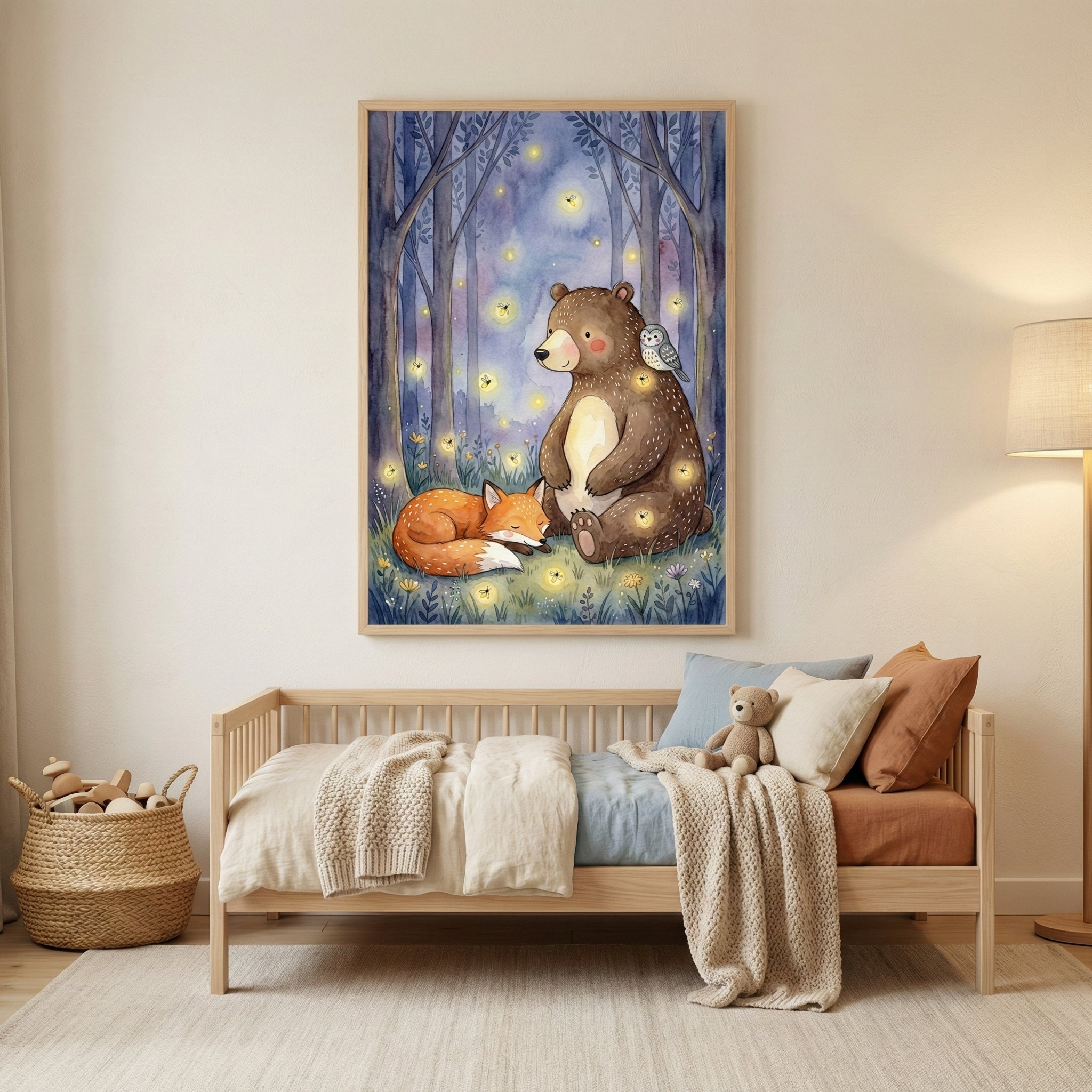 Framed firefly forest artwork of a bear, fox, and owl displayed above a child’s bed in a cozy, softly lit room. The print adds a sense of wonder and serenity to the nighttime nursery setting.