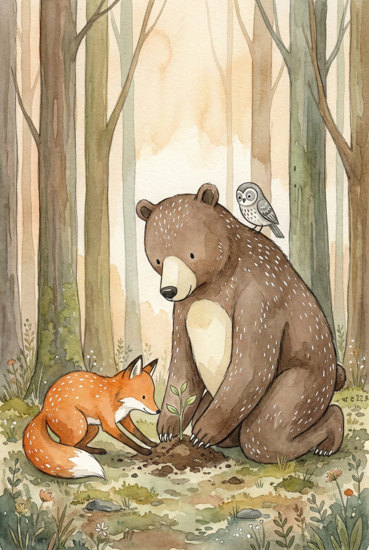 A gentle bear and curious fox work together to plant a small sapling in a peaceful forest clearing, while a small owl perches on the bear’s back. The soft tones and tall trees create a heartwarming woodland scene focused on care and growth.