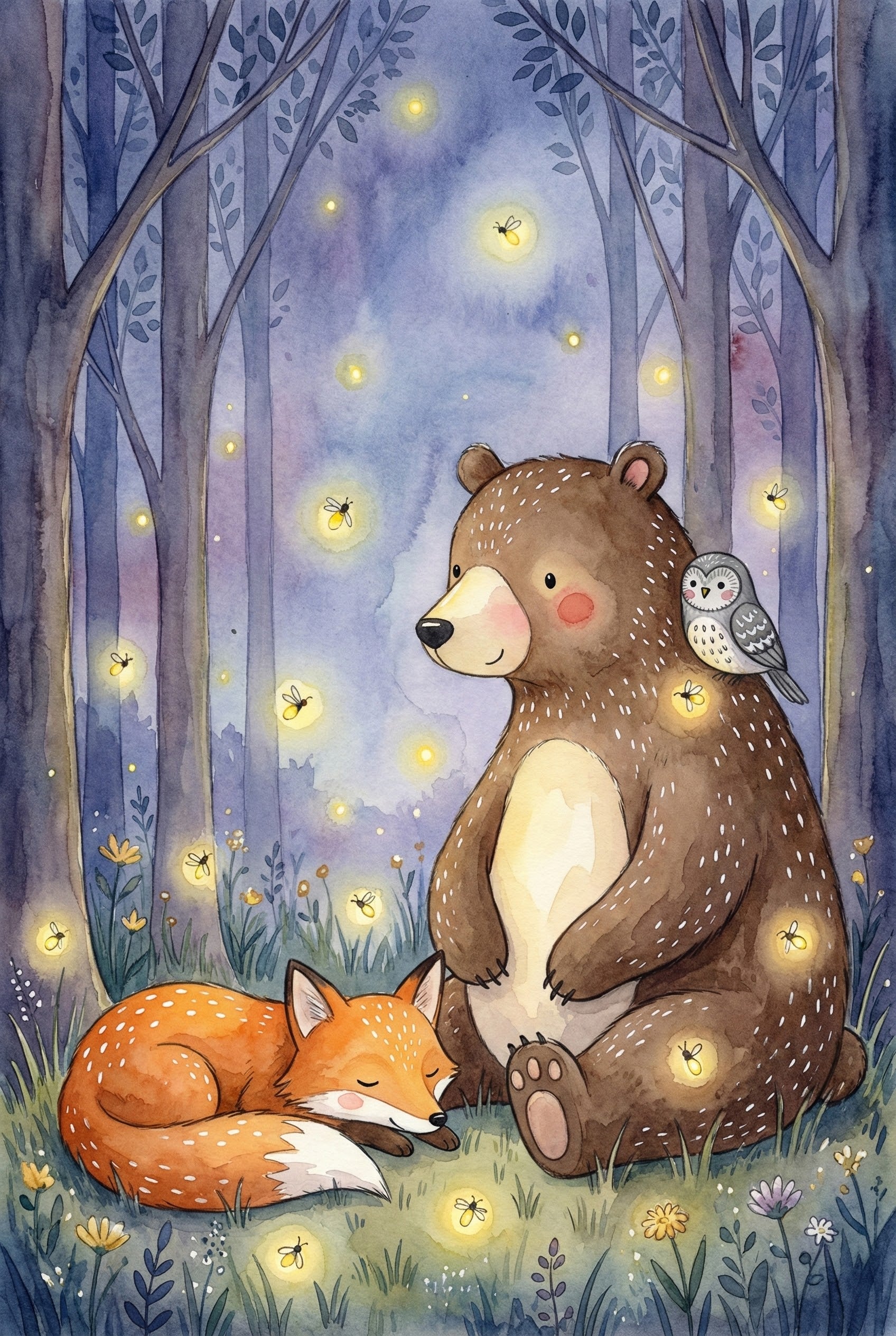 In a dreamy twilight forest, a fox sleeps curled up beside a sitting bear with an owl perched on its shoulder, all surrounded by glowing fireflies. Tall trees and wildflowers frame the peaceful woodland scene bathed in soft purples and yellows.