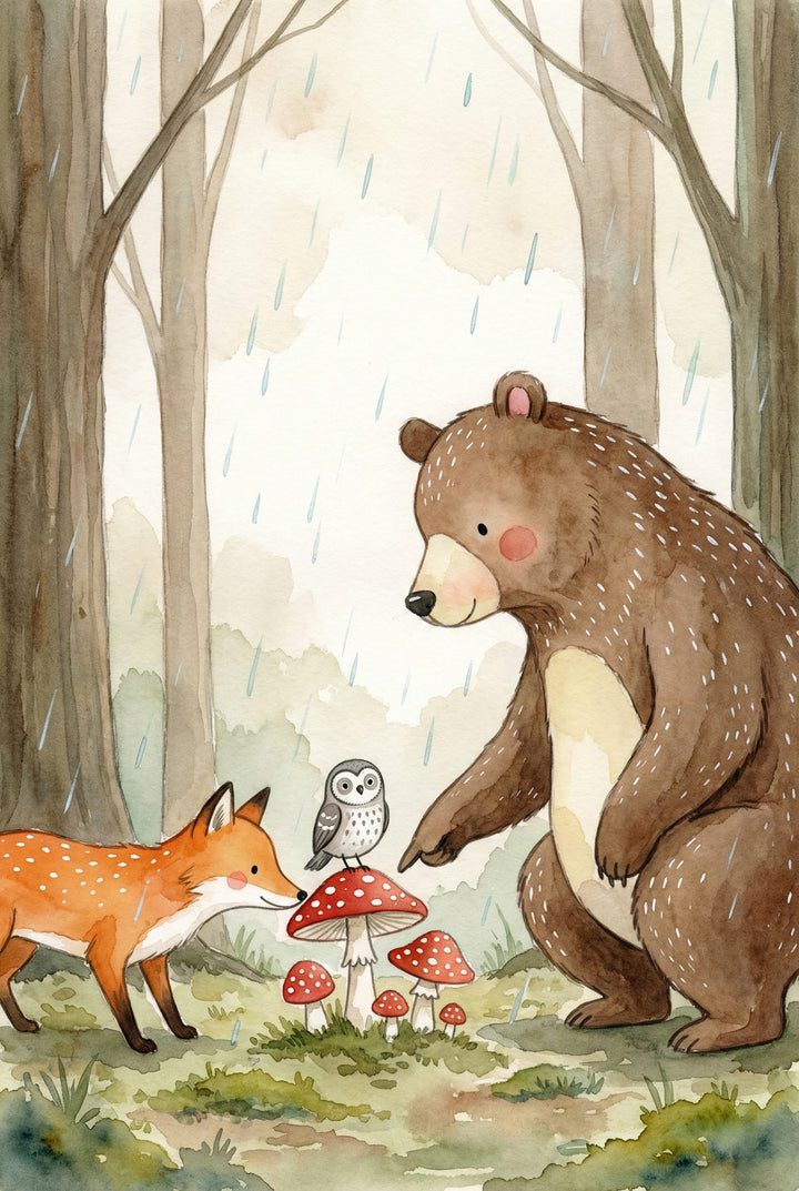 In a gentle forest rain, a bear points toward a cluster of red and white mushrooms where an owl is perched, while a fox looks on curiously. The scene is set among tall trees with soft, earthy tones, capturing a moment of quiet woodland wonder.