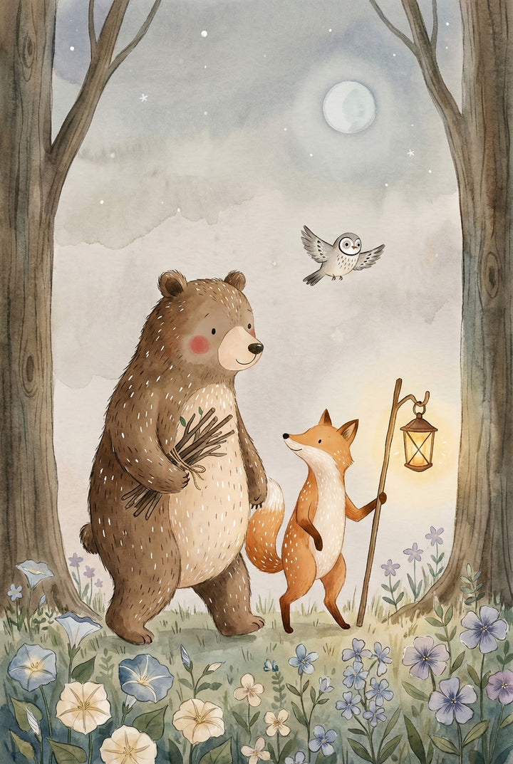 A cheerful bear holding a bundle of sticks walks beside a smiling fox carrying a lantern on a pole, as a small owl flies above them. They stroll through a moonlit forest clearing filled with soft wildflowers, framed by tall trees and a starry sky.