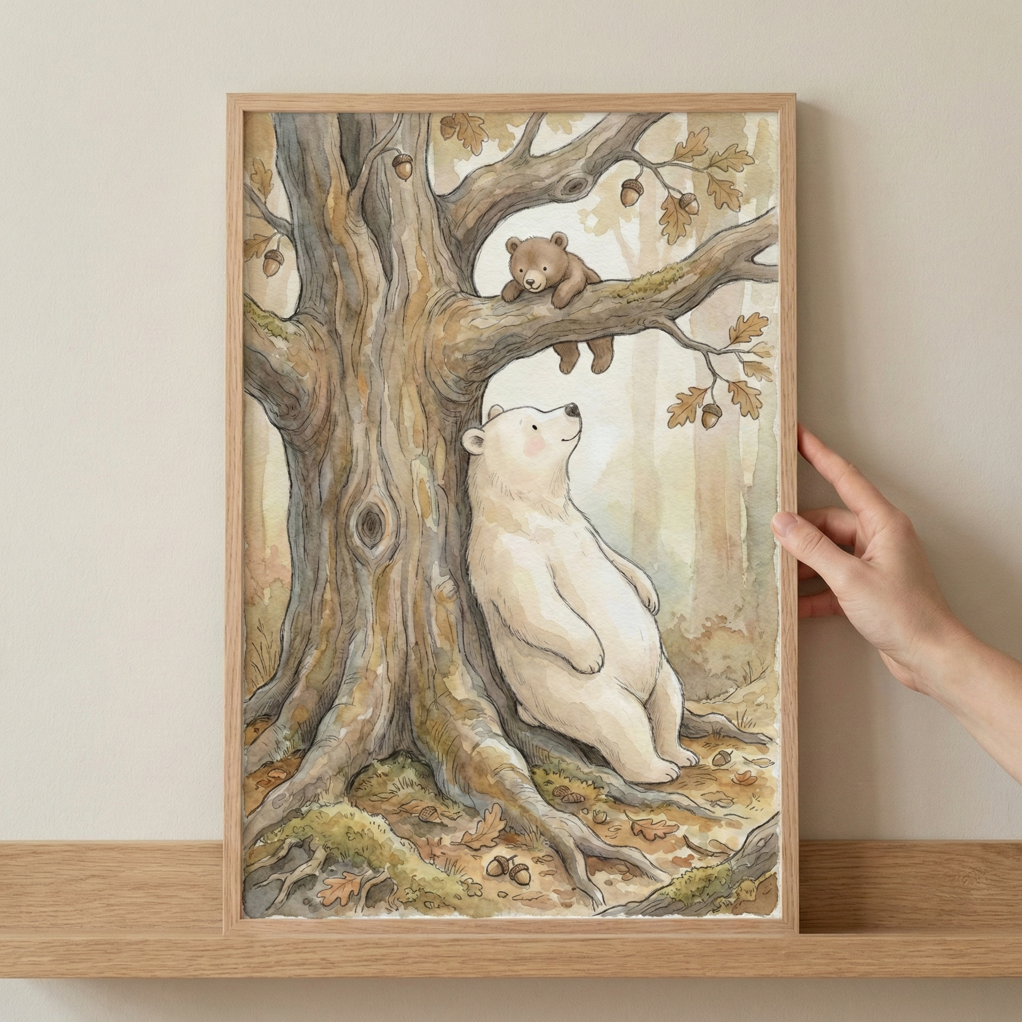 A framed watercolor-style illustration shows a serene forest scene. A large, off-white bear sits at the base of a gnarled oak tree, leaning against the trunk and looking up. On a branch above, a small brown bear cub lies flat, gazing down at the larger bear. The tree features detailed bark, acorns, and lobed leaves. The forest floor is covered in moss and fallen leaves. The artwork is in a light wood frame, held by a hand, and rests on a wooden shelf.