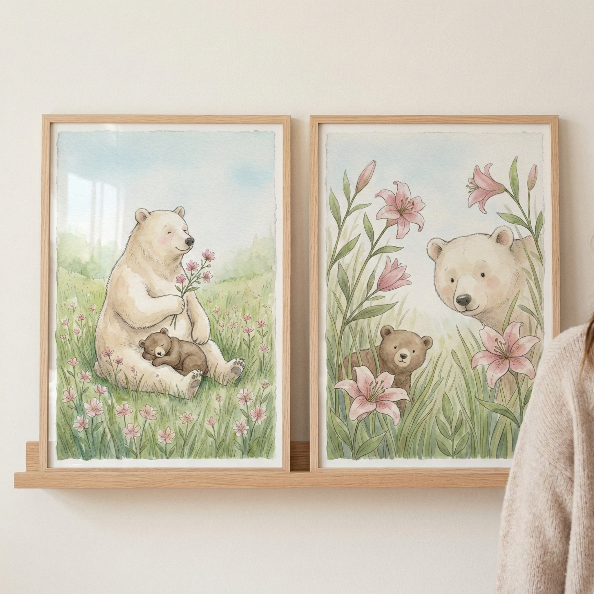 Two framed watercolor-style illustrations rest on a light wood shelf. The one on the left shows a large, gentle cream-colored bear sitting in a field of pink flowers with a small brown cub sleeping in its lap. The one on the right depicts the two bears peeking through tall grass and large pink lily flowers. The artwork is soft and whimsical, featuring a palette of greens, pinks, and warm neutrals.