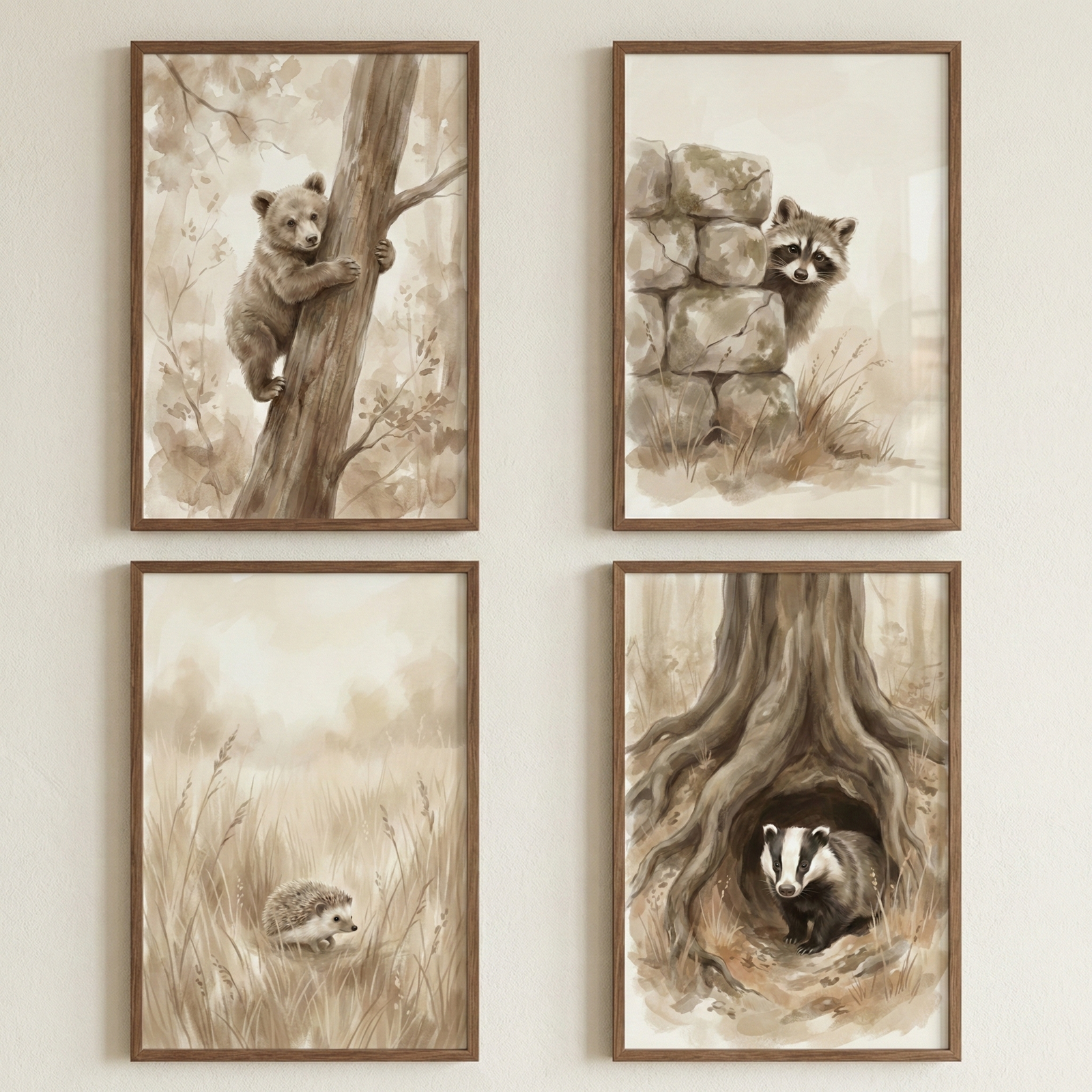 Four framed illustrations of forest animals are displayed in a two-by-two grid on a light-colored wall. Each artwork features a single animal in a natural setting: a bear cub climbing a tree trunk, a raccoon peeking from behind a rock wall, a hedgehog standing in tall grass, and a badger looking out from its burrow under large tree roots. The illustrations use a soft, watercolor-like style with a muted, earthy color palette. The simple wooden frames match the brown tones of the art.