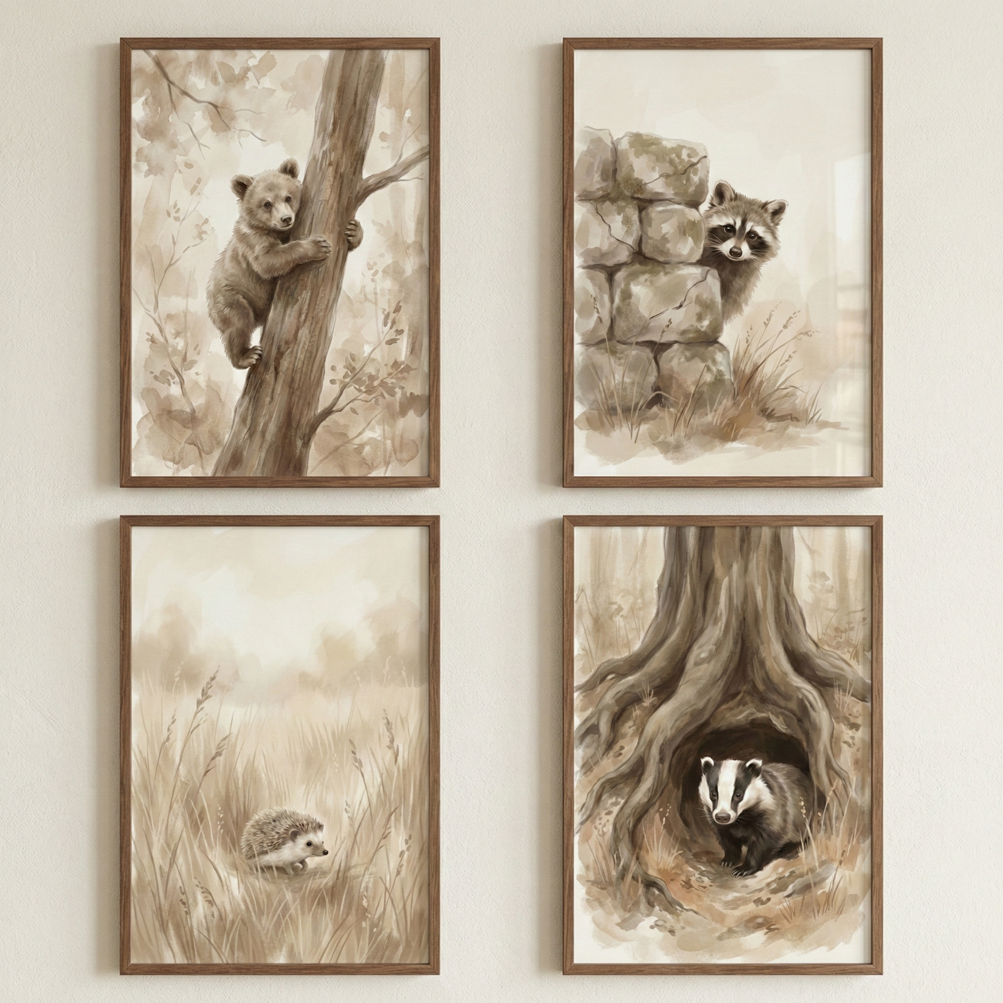 Woodland Animals Kids Room Wall Art Set of 4 - Soft Woodland Friends