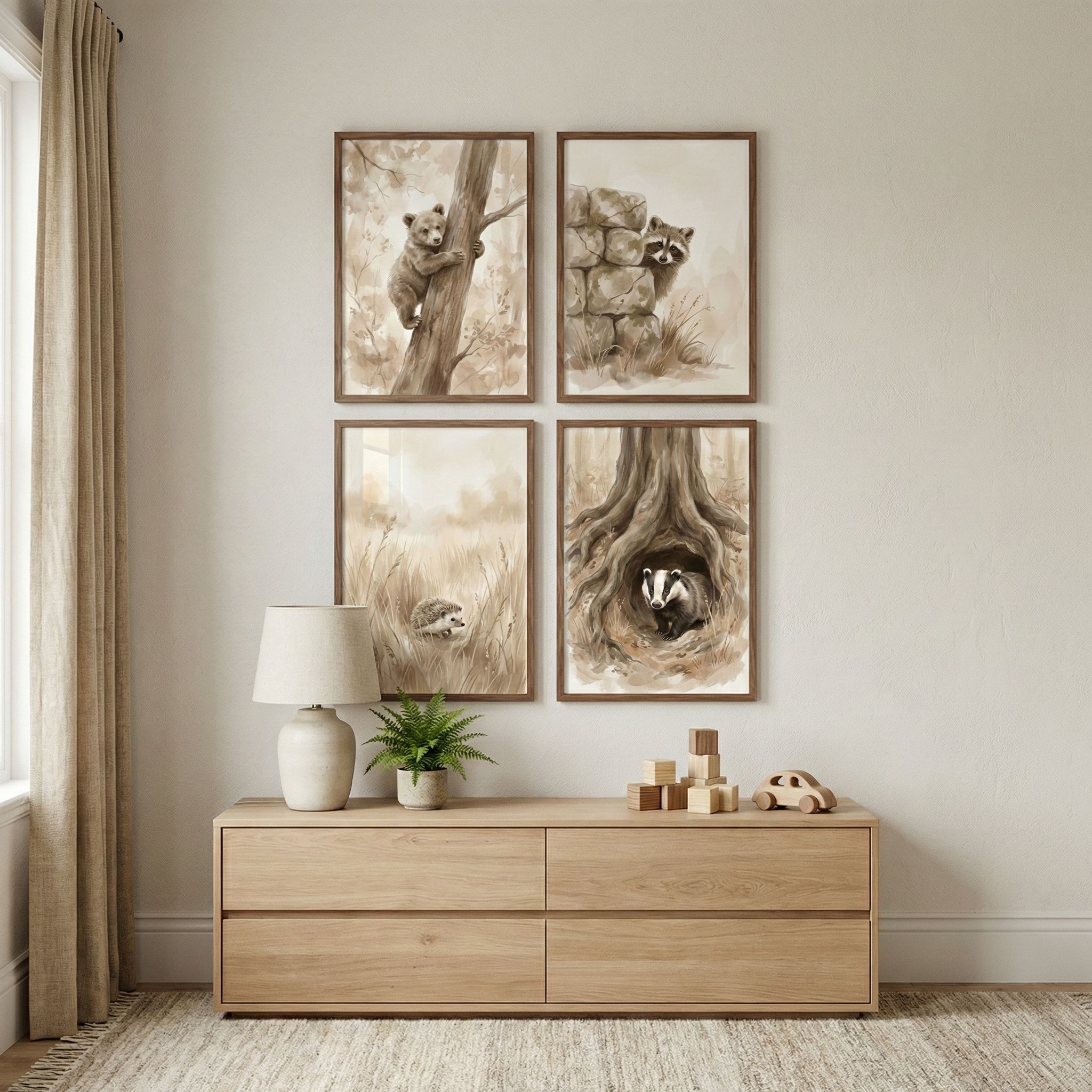Woodland Animals Kids Room Wall Art Set of 4 - Soft Woodland Friends